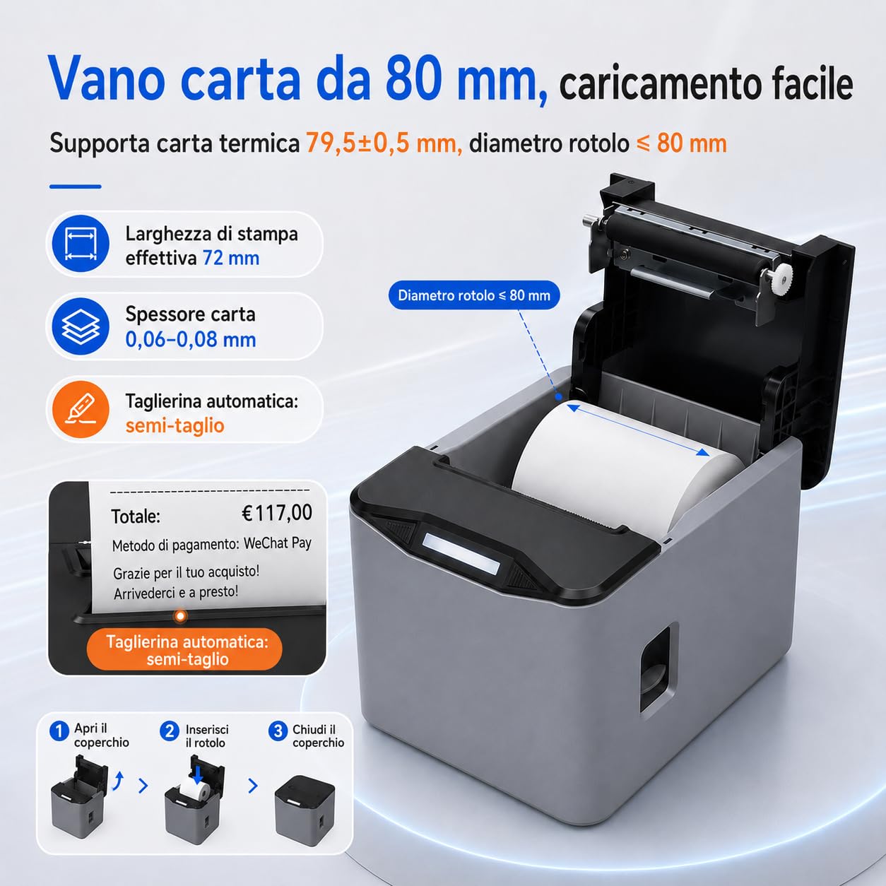 Stampante termica POS 80 mm per ricevute, 220 mm/s，Bianco：USB | Caricamento rapido, semi-taglio automatico e avvisi acustici/luminosi per un lavoro fluido in negozi, bar e ristoranti.