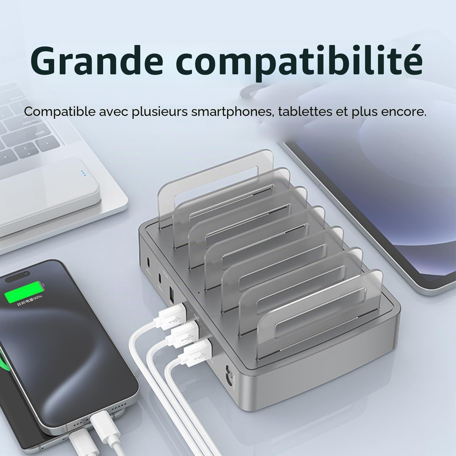 Docooler Station de charge intelligente de 72 W avec 6 ports, station de charge USB pour plusieurs appareils, compatible avec les téléphones portables, tablettes et autres appareils électroniques