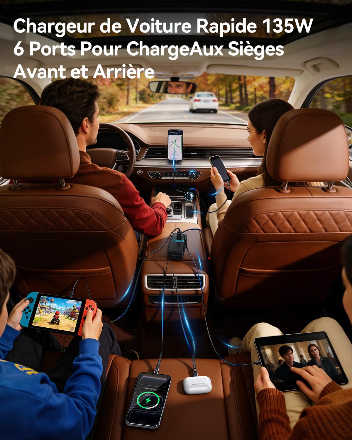 Rocoren Chargeur Voiture 135W Rétractable 6-en-1, Allume-Cigare 12-24V câble 1,5m. Charge Rapide PC Portable, téléphone, Tablette. Accessoire Auto Parfait Voiture, Camping-Car, Caravane & Voyages