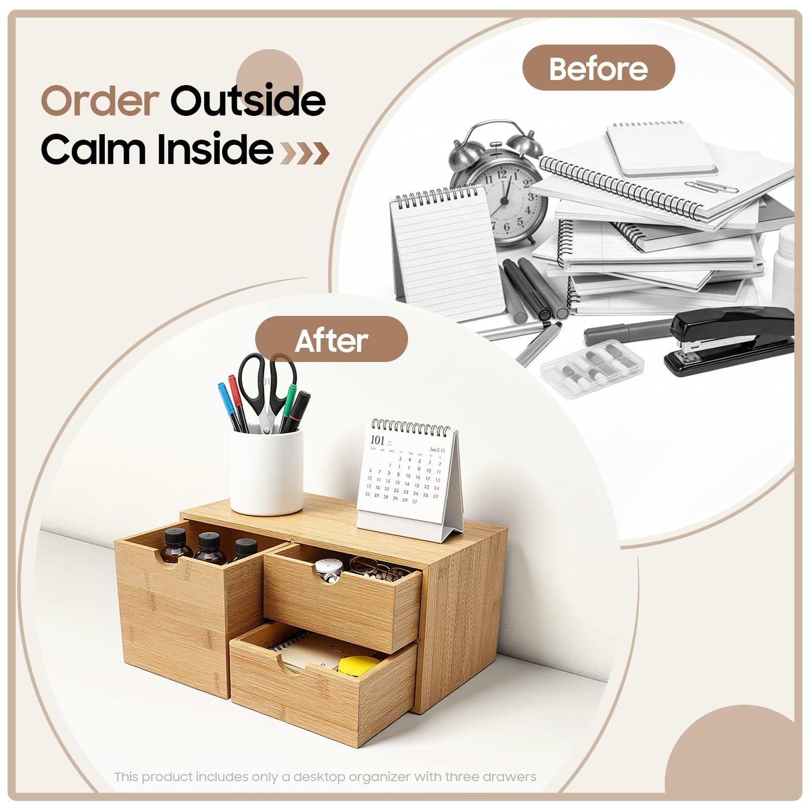 Organizador de escritorio de bambú con 3 cajones, 33 x 19 x 16 cm