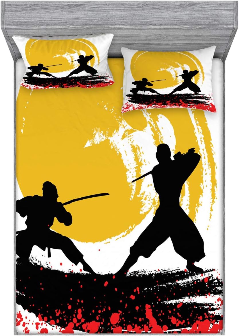 Ambesonne Japanese Fitted Sheet & Pillow Sham Set, Watercolor Style Silhouette Ninjas in The Moonlight Medieval, Decorative Printed 3 Piece Bedding Decor Set, Full, Vermilion Mustard