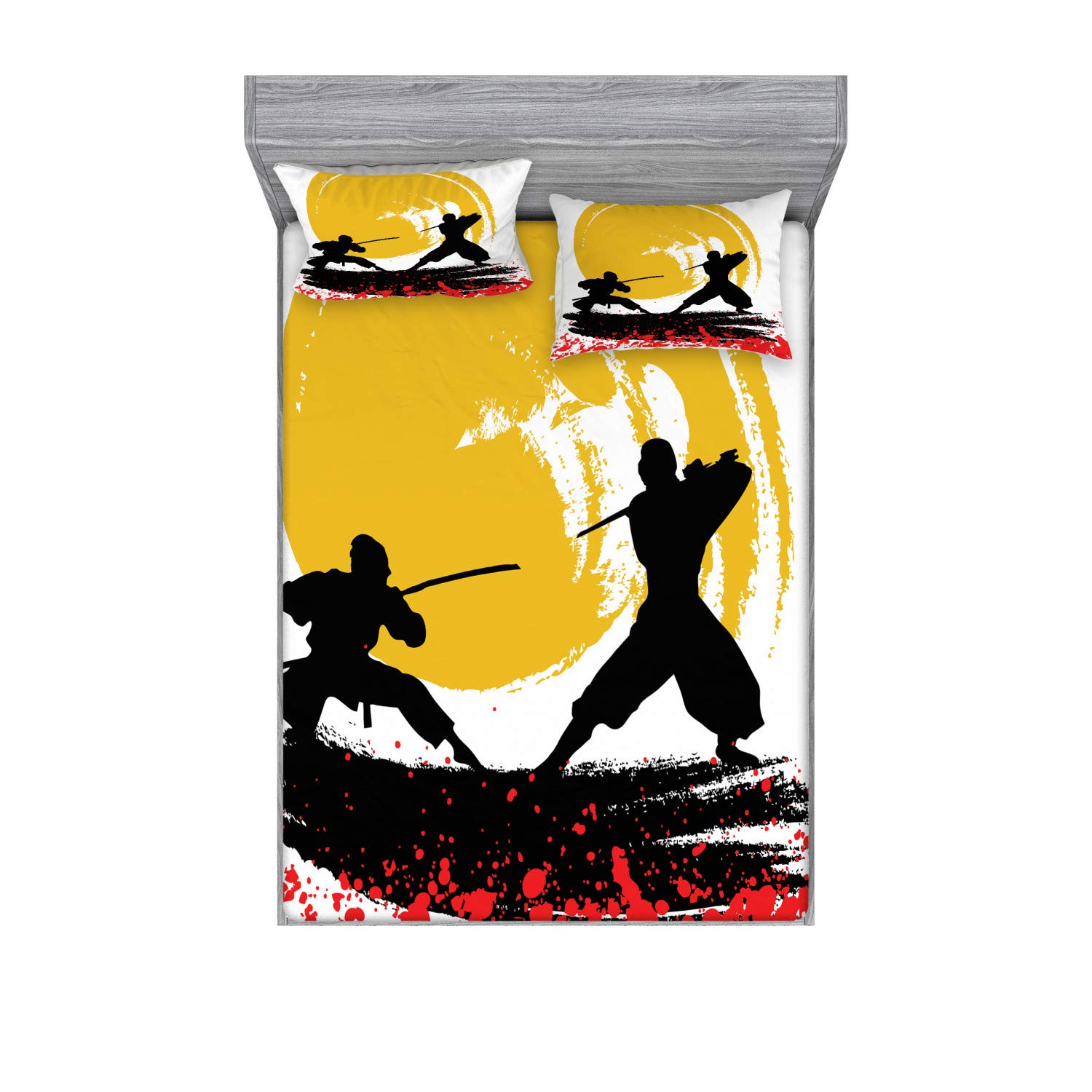Ambesonne Japanese Fitted Sheet & Pillow Sham Set, Watercolor Style Silhouette Ninjas in The Moonlight Medieval, Decorative Printed 3 Piece Bedding Decor Set, Full, Vermilion Mustard