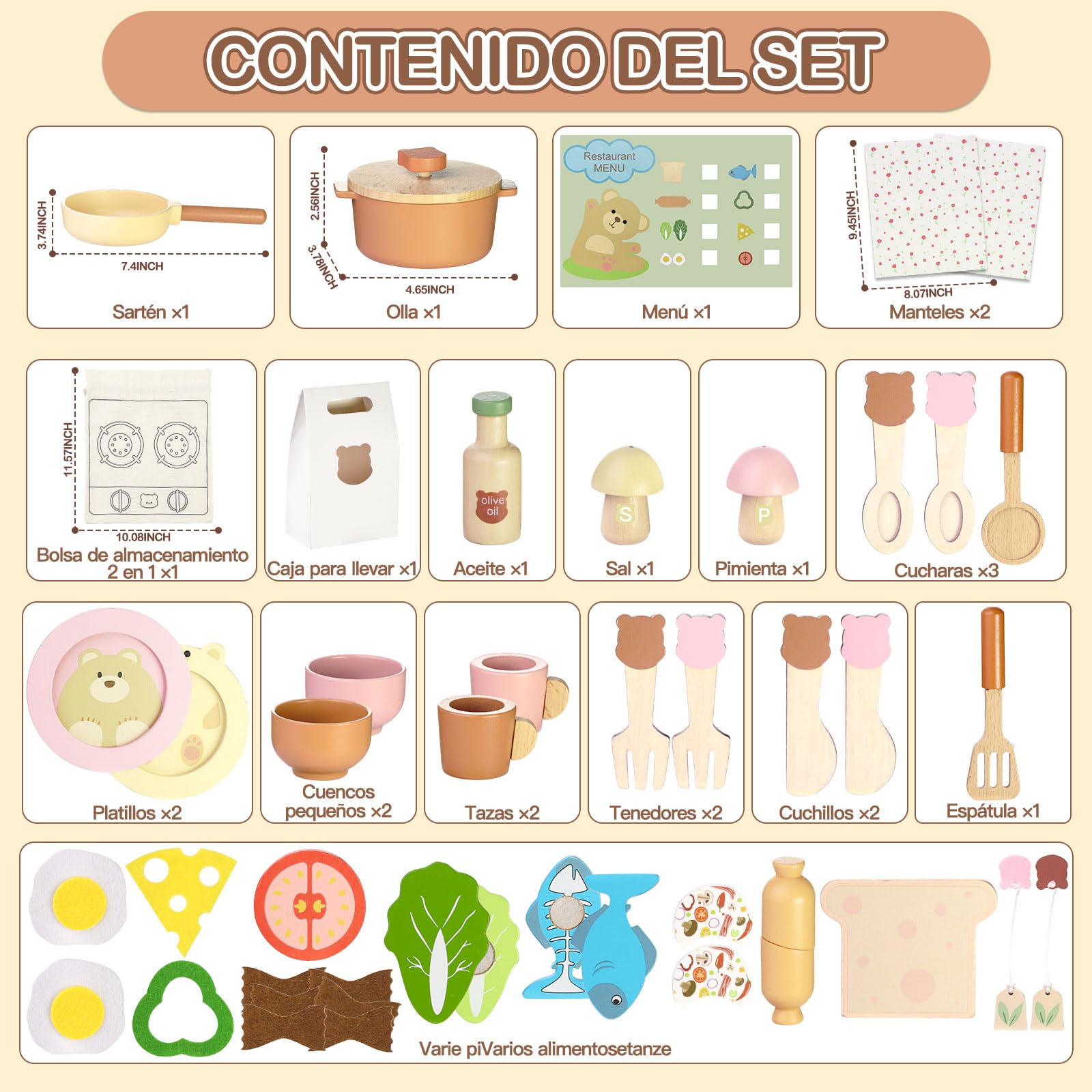 VBACALA Accesorios Cocina Juguetes para Niños,46 Piezas Cocina Juguete Madera con Ollas,Vajilla,Alimentos Cortables,Bolsa de Almacenamiento,Regalo Juego de rol de Cocina para 3+ Años Niños y Niñas