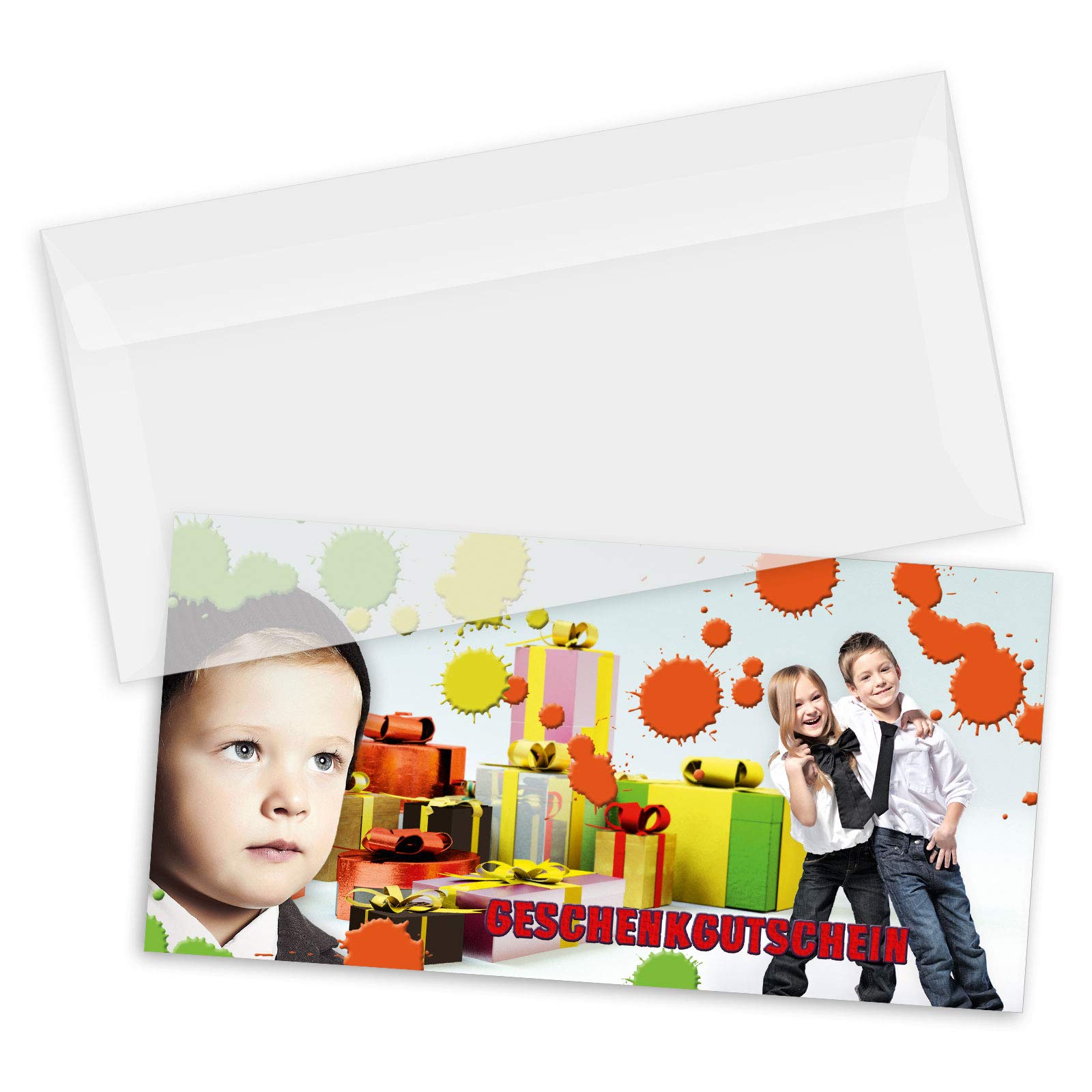 Gutschein-Set - 100x Gutscheine mit Umschlag für Kindermode Fashion, blanko zum selber Ausfüllen