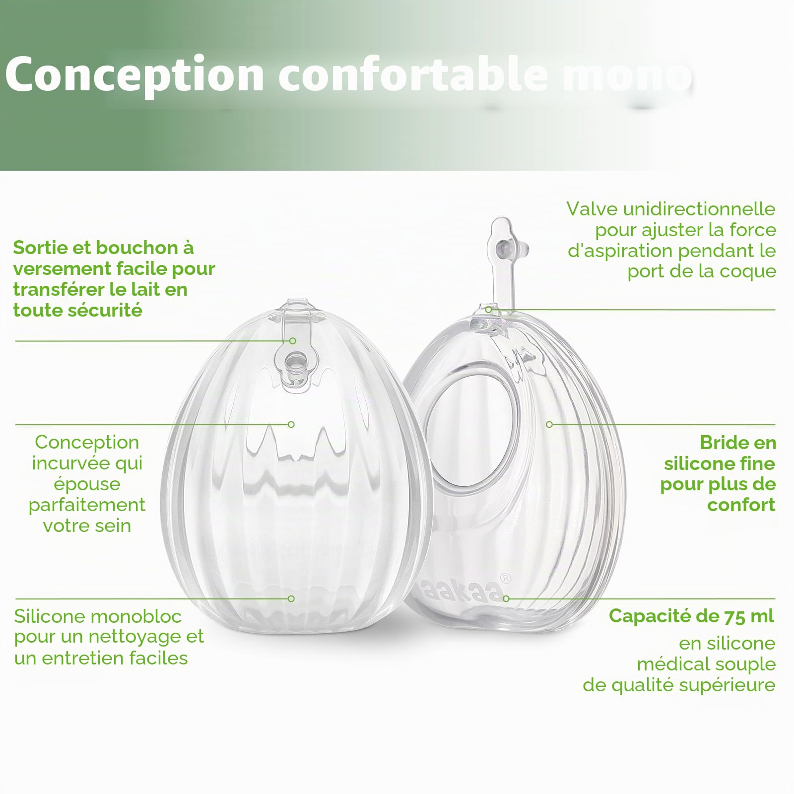 haakaa Tire-lait portable en silicone avec sac de stérilisateur, 2 en 1 mains libres passif récupérateur de lait maternel pour maman allaitante, essentiels d'allaitement, lot de 2 pompes de 75 ml et 1