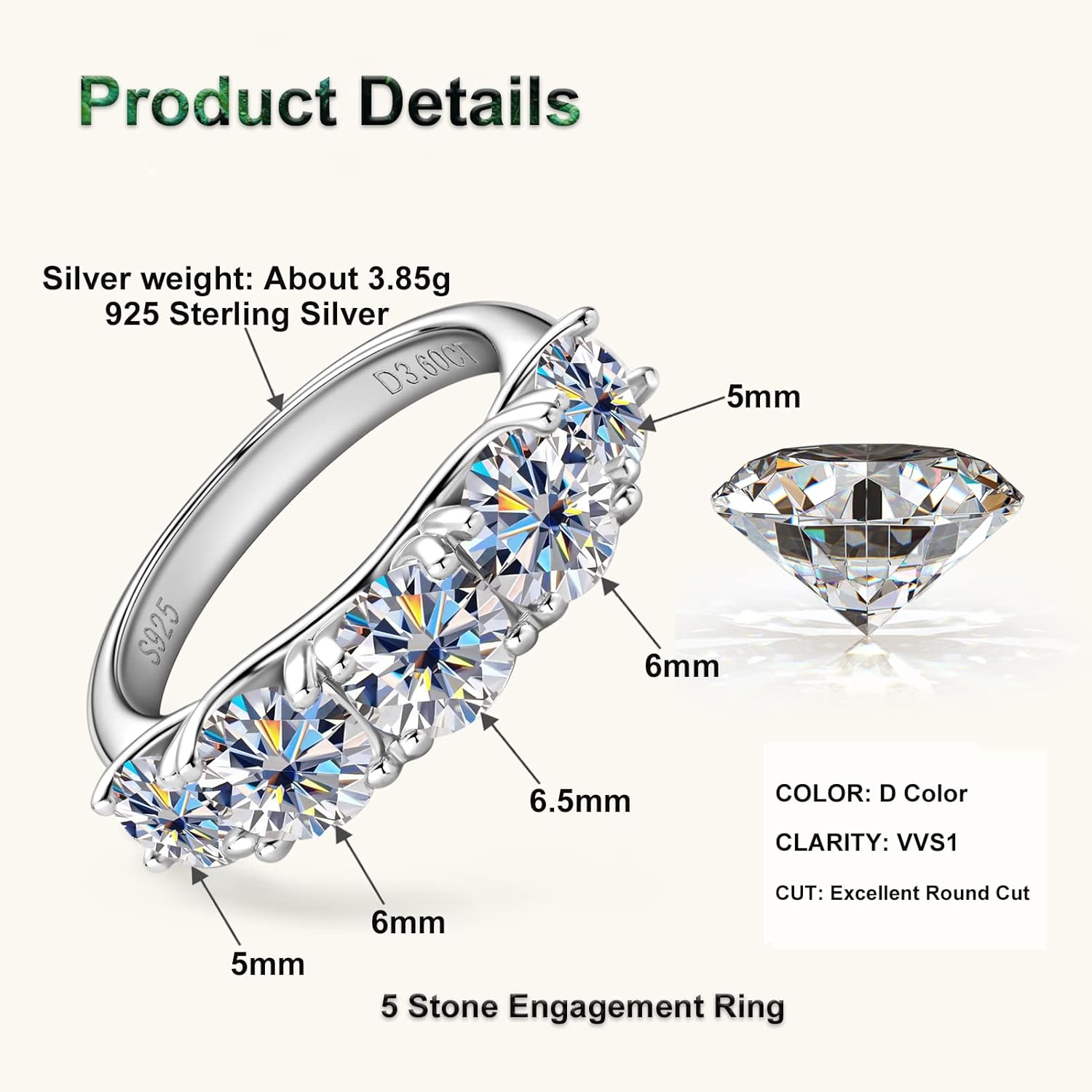 5 Stone Moissanite Half Eternity Ring Wedding Band 3.6cttw D Color VVS1 925 Silver 5-Stone Engagement Ring for Women Wife Mom - Image 3
