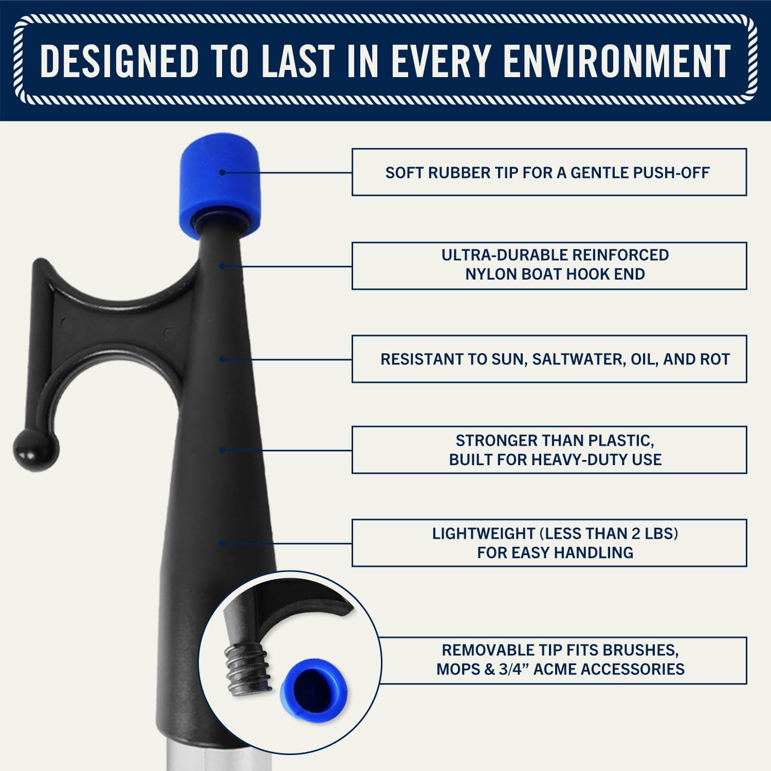 RainierSupplyCo Boat Hook with Telescoping Extension Push Pole for Docking & Mooring - Extends from 4.5 to 8 ft - Floating & Lightweight Boating Pole with Nylon Tip & Threaded End for Boat Accessories