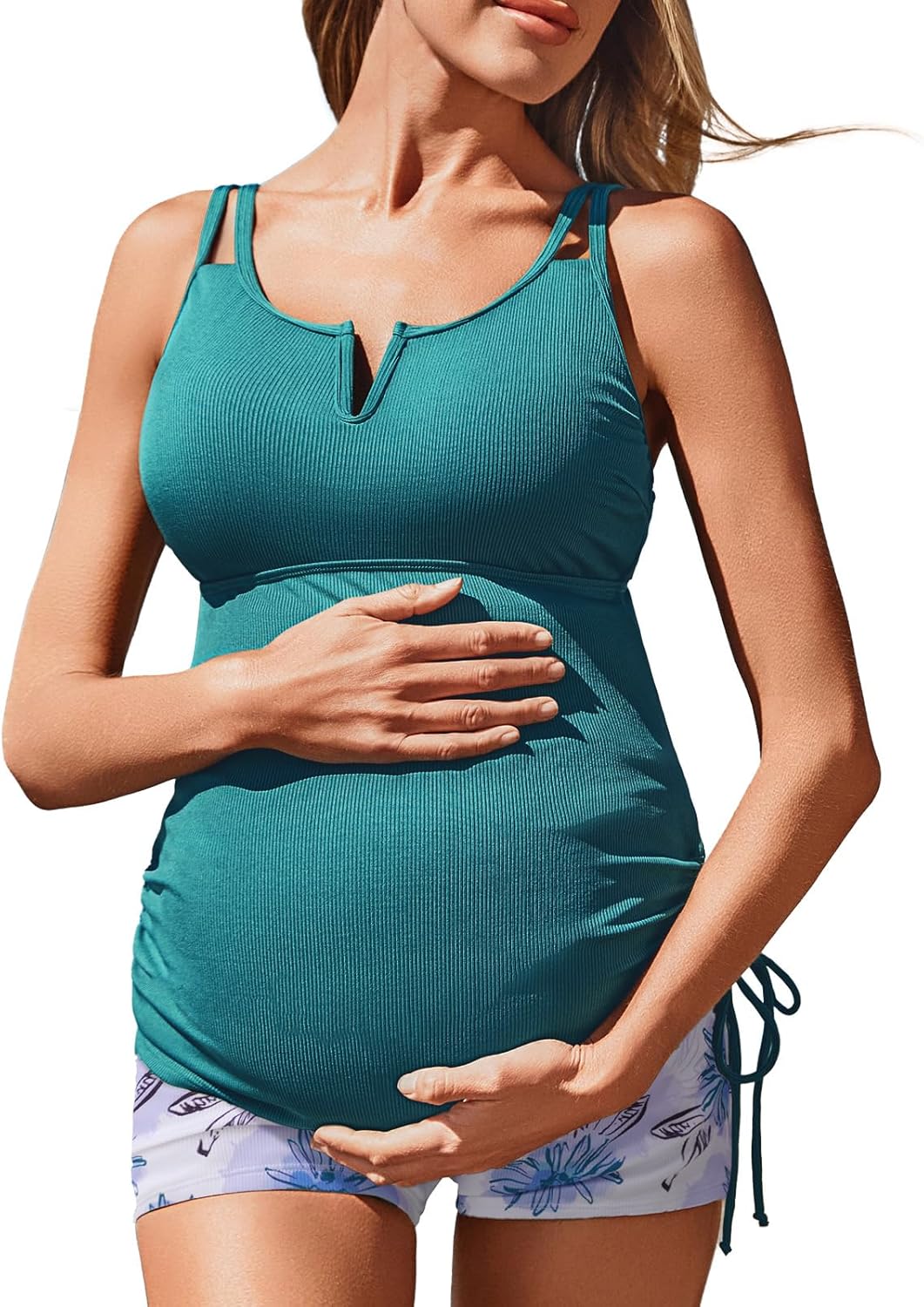 Ribbed Maternity Two-Piece Swimsuit Tankini V-Wire Bathing Suit Ruched Tie Side Pregnancy High Waisted Swimwear