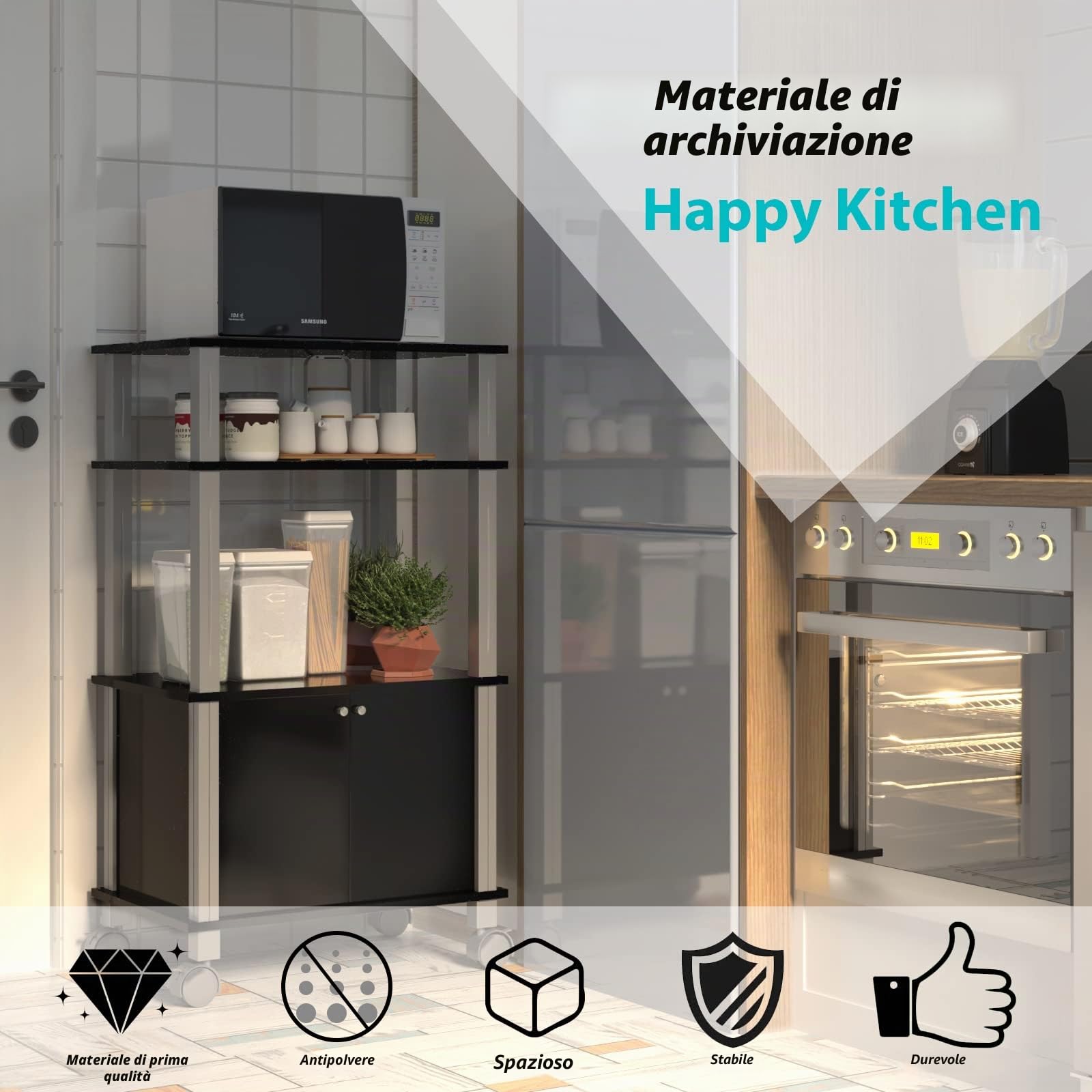 GIANTEX Carrello da Cucina per Microonde a Rotelle, 3 Ripiani Portaoggetti e Armadio con Ante, 4 Ruote di cui 2 con Freno, Dimensioni 60 x 40 x 98 cm(Nero)