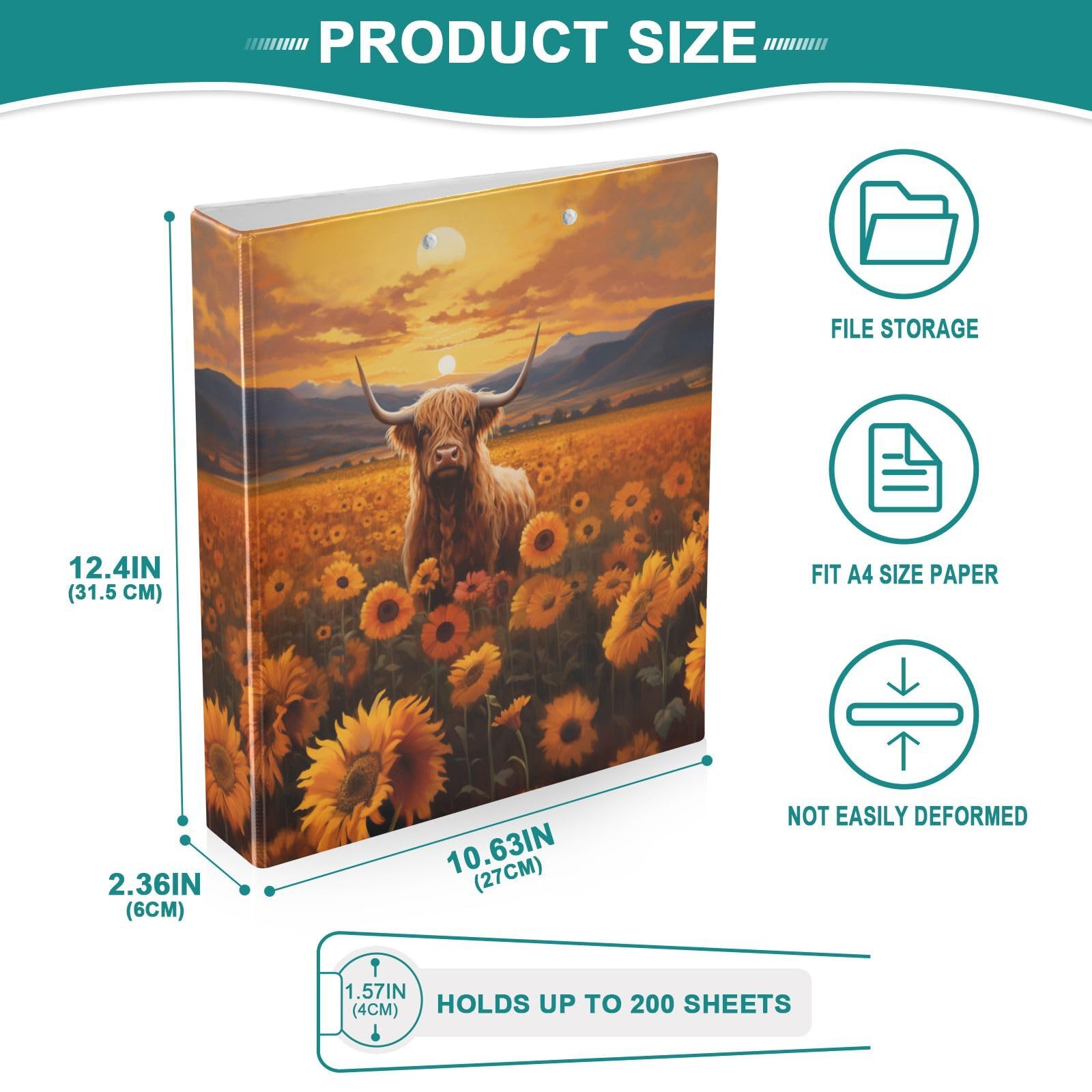 JIPONI Raccoglitore a 3 anelli, motivo mucca delle Highland e girasoli, 2,5 cm, per uomini, donne, studenti, grazioso organizer per documenti per ufficio e scuola, 1 pezzo
