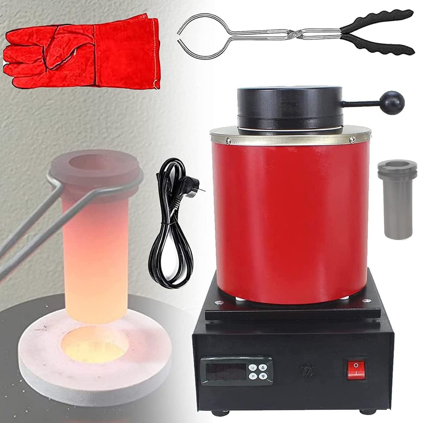 Pnpaea 1150℃ Electric Gold Melting Furnace,Digital Metal Smelting Machine,Metal Casting Kit with Graphite Crucible for Melt Scrap,Aluminum Refining Furnace withoutSchutznetz-Red3kg