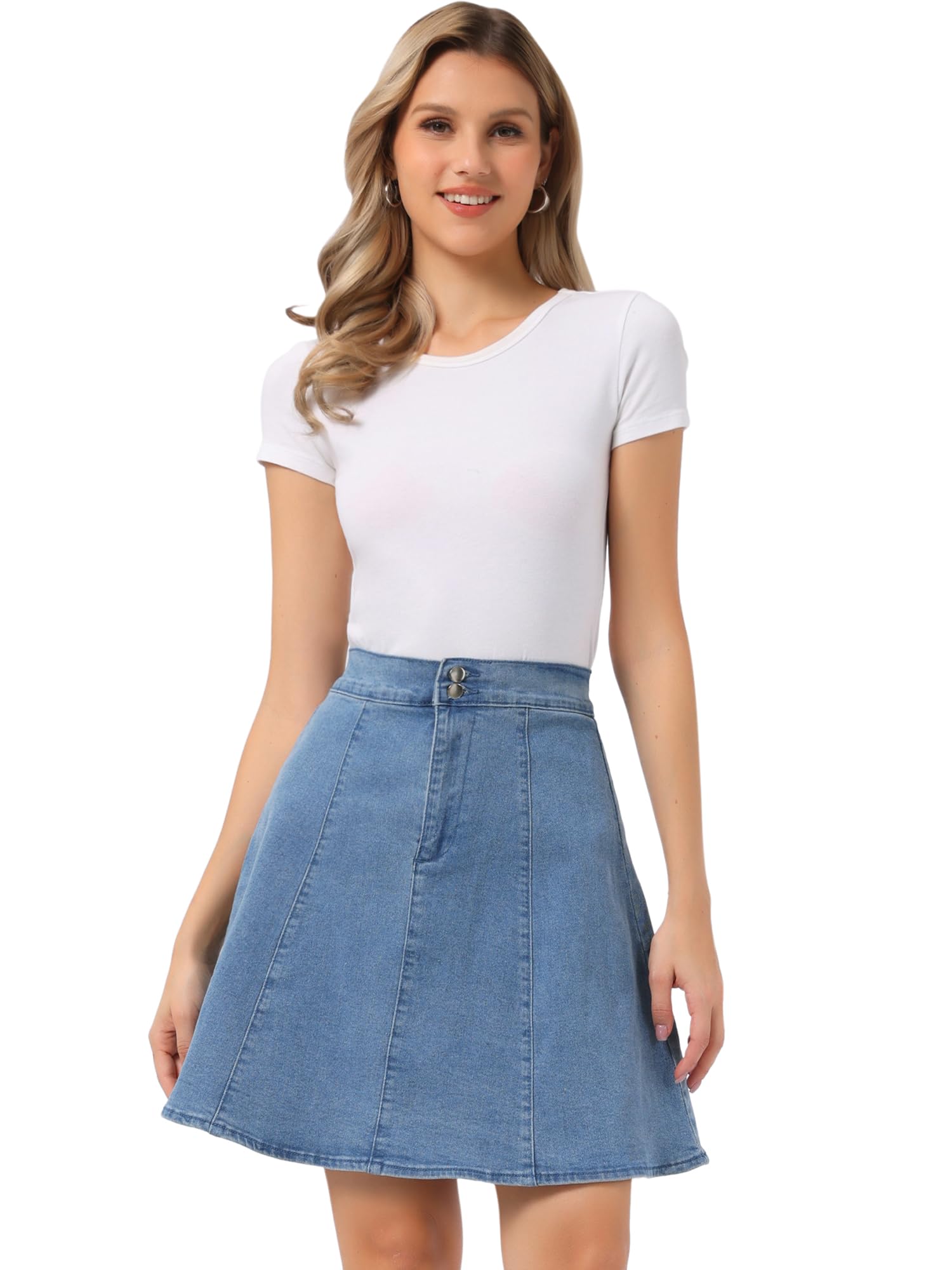 Allegra K Womens High Waisted A-Line Flared Casual Denim Skirt
