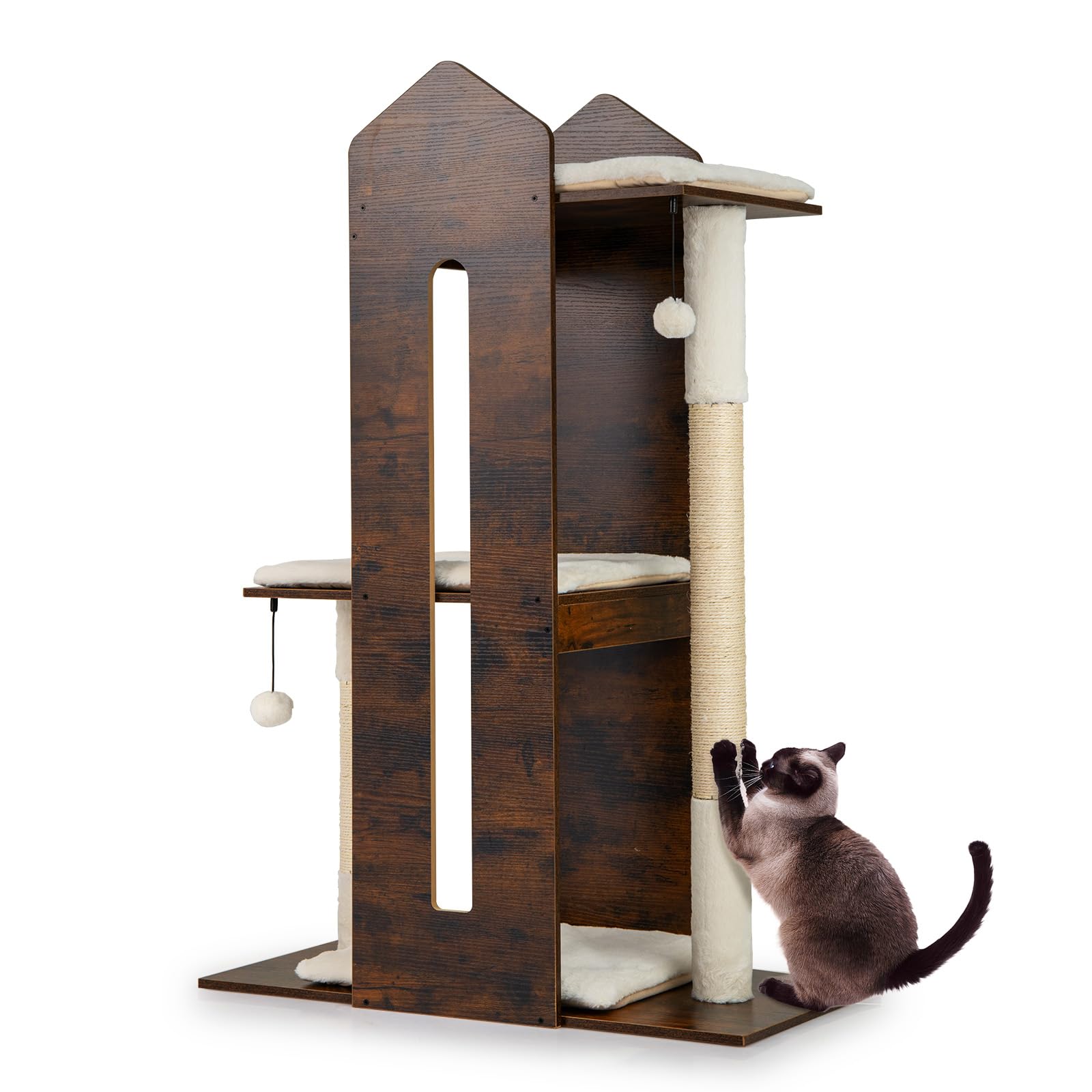 COSTWAY Albero per Gatti Alto 120 cm, Tiragraffi per Gattini in Legno con Posti Graffianti in Sisal, Palline Pendenti, Cuscini Morbidi e Piazzola, Tiragraffi Gatto per Arrampicata