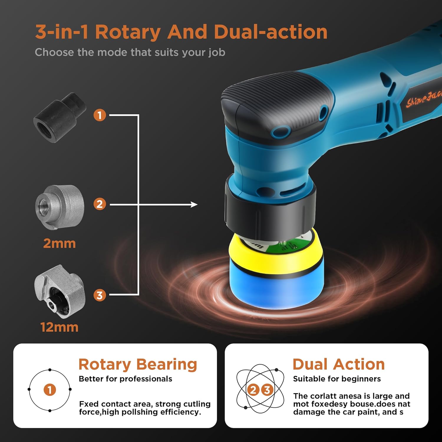 Cordless Mini Car Polisher, 1 Inch 3 Inch Dual Action & Rotary Polishing Machine for Car Detailing, Waxing, Polishing, Scratch Removing Blue