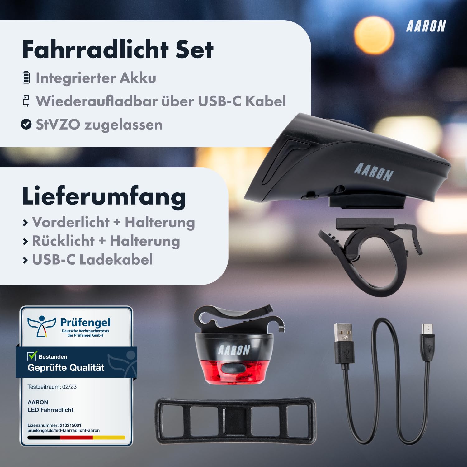 AARON Fahrradlicht Set 100 LUX / 50 LUX für Stadtpendler & E-Bike-Fahrer, StVZO zugelassen, USB aufladbar, Fahrrad Licht Set regenfest - Fahrradbeleuchtung - Beleuchtung Fahrrad für vorne + hinten