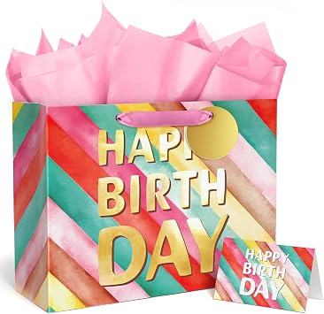 BGTCARDS Birthday Gift Bag with Tissue Paper and Card, Happy Birthday Gift Bags for Party, Reusable Gift Bag for Presents with Handles - 13x 10x 5, 1PCS