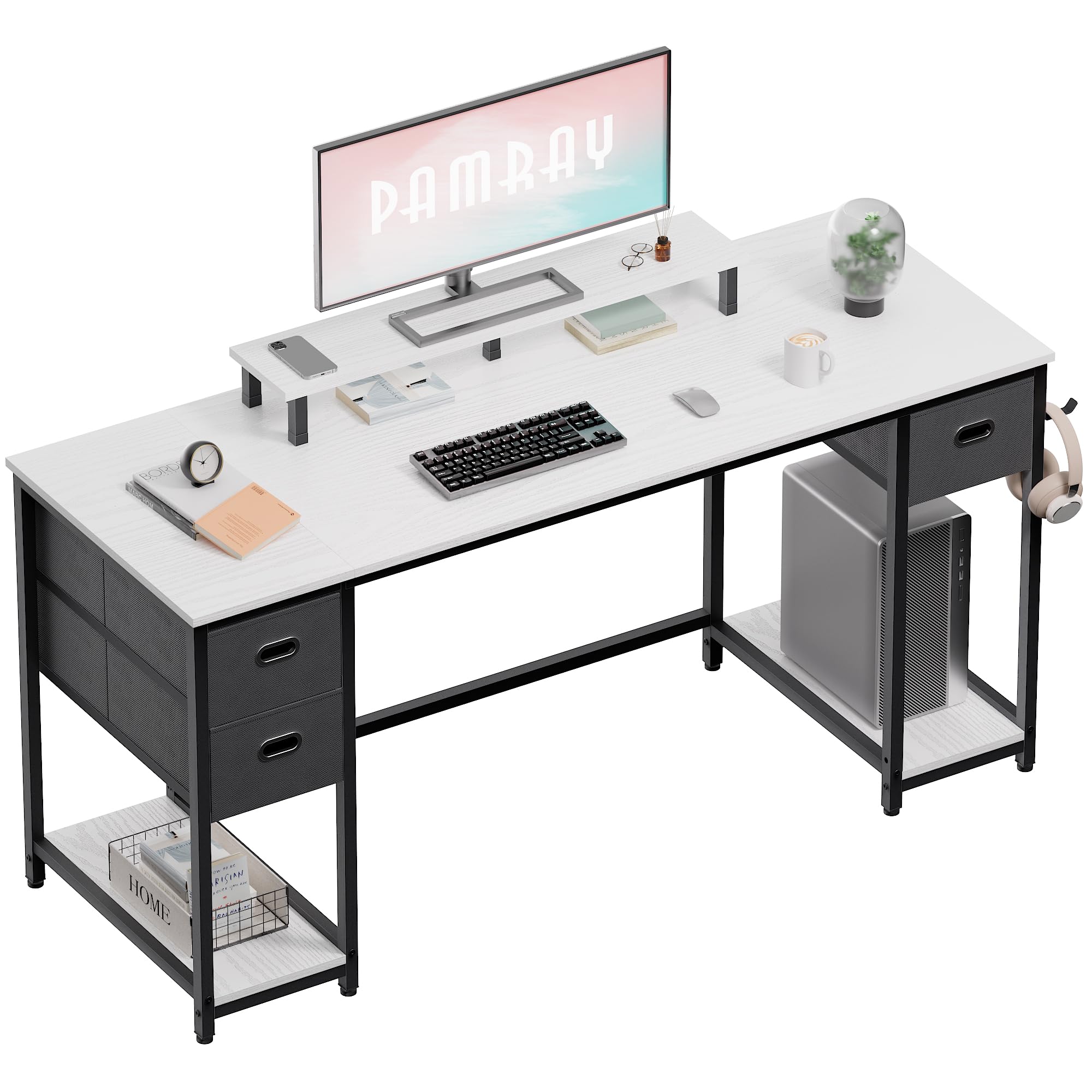 Pamray 55 Inch Computer Desk with Non-Woven Storage Drawers and Monitor Stand Home Office Desk for Bedroom Study Table Writing and Work Desk White