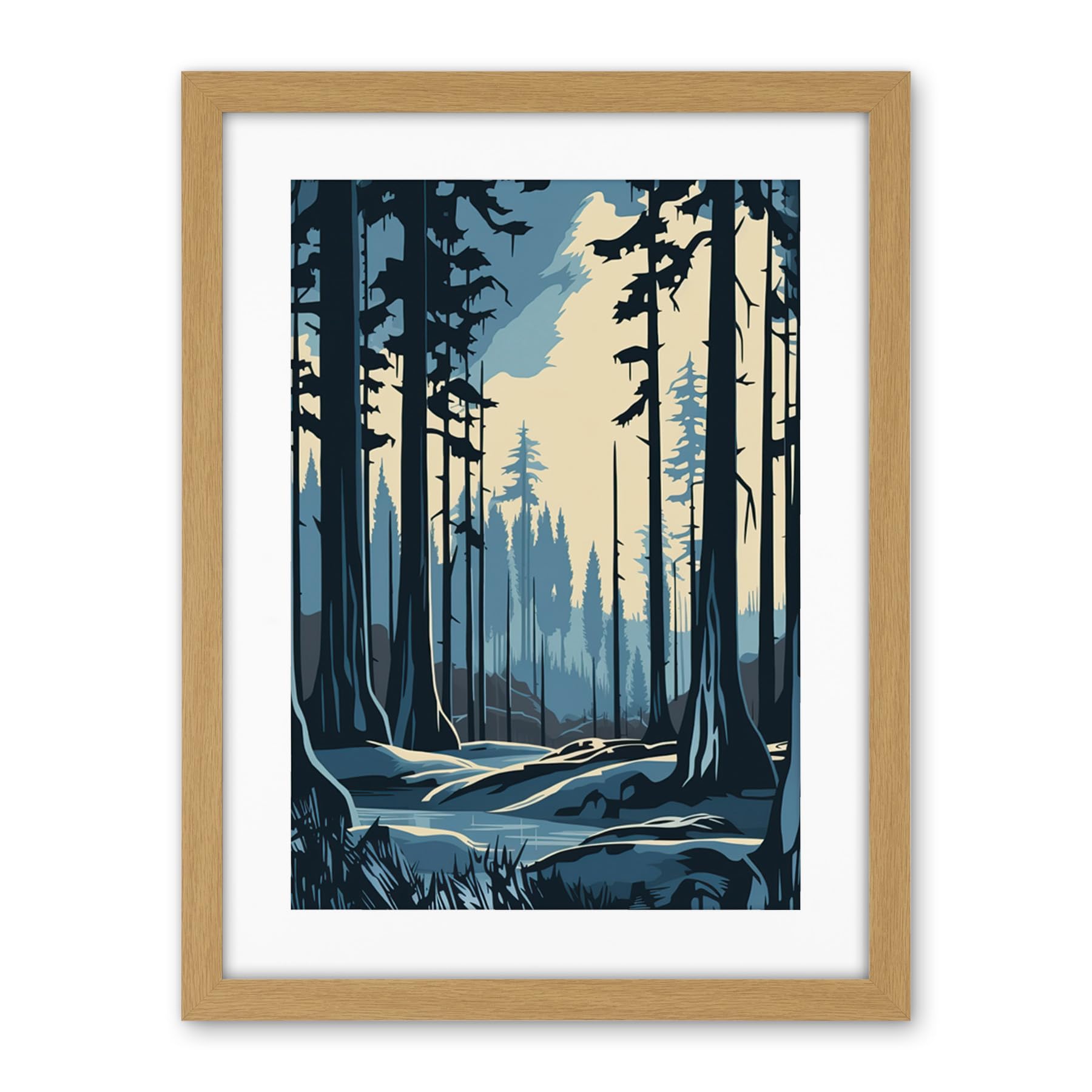 Artery8 Taiga Boreal Forest Winter Landscape Illustration Artwork Framed Wall Art Print 18X24 Inch