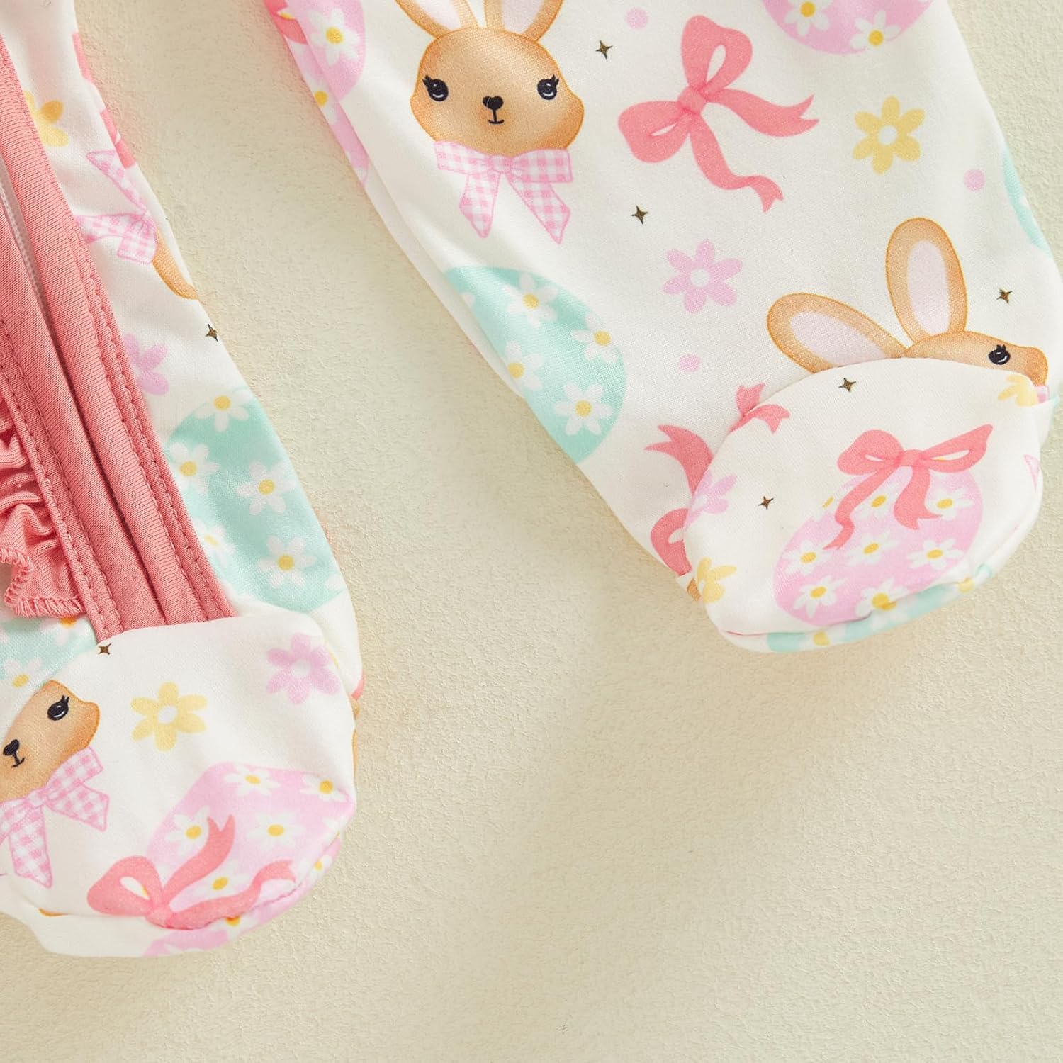 Lamuusaa Newborn Baby Girl Easter Outfit Bunny Bow Print Footie Romper Ruffle Bodysuit Zipper Jumpsuit Headband 0-18M - Image 5