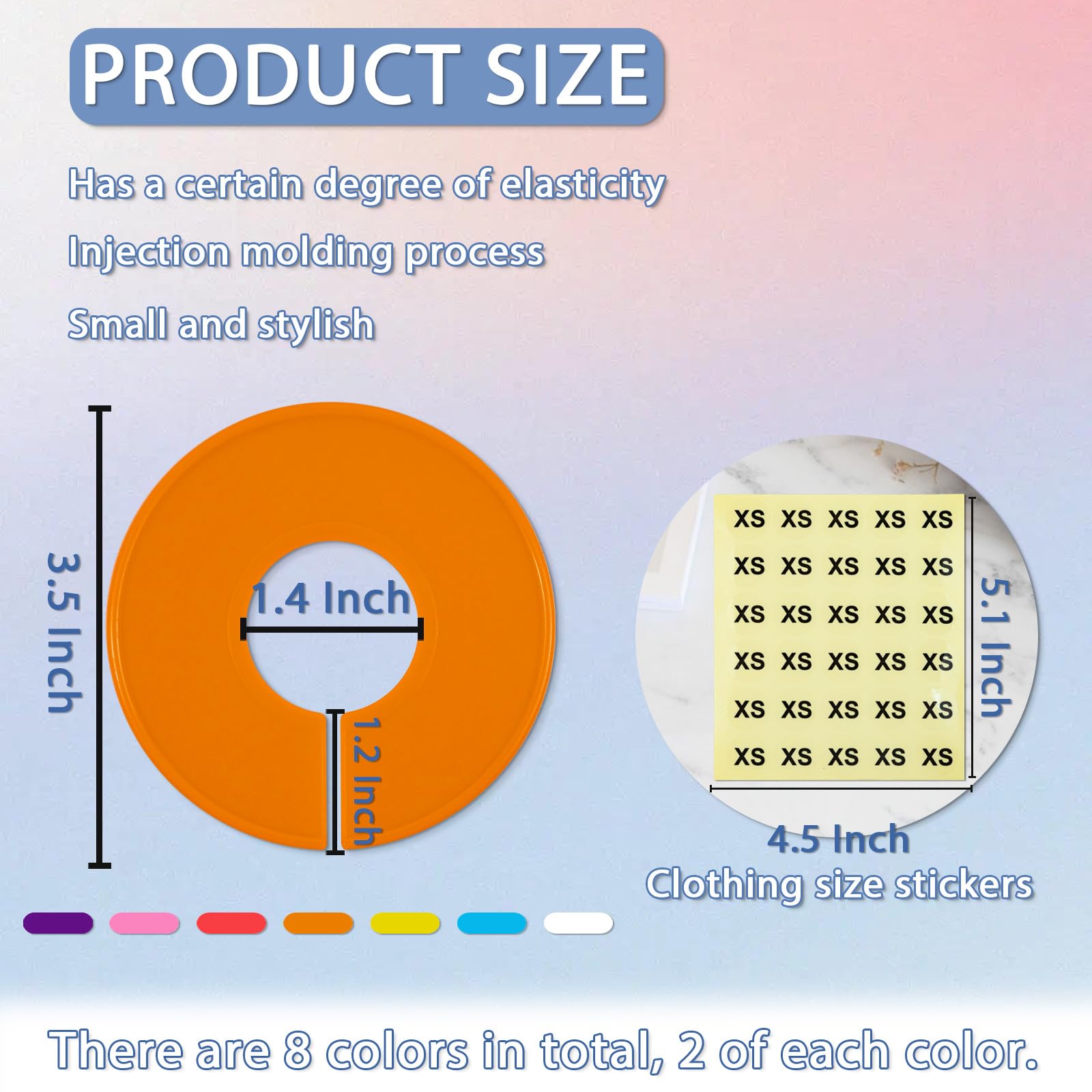 16 Pack Closet Dividers for Clothes Round Colorful Plastic Size Closet Rack Dividers Hangers, 8 Sizes of Clothing Stickers Clear Digital Labels 240 Total