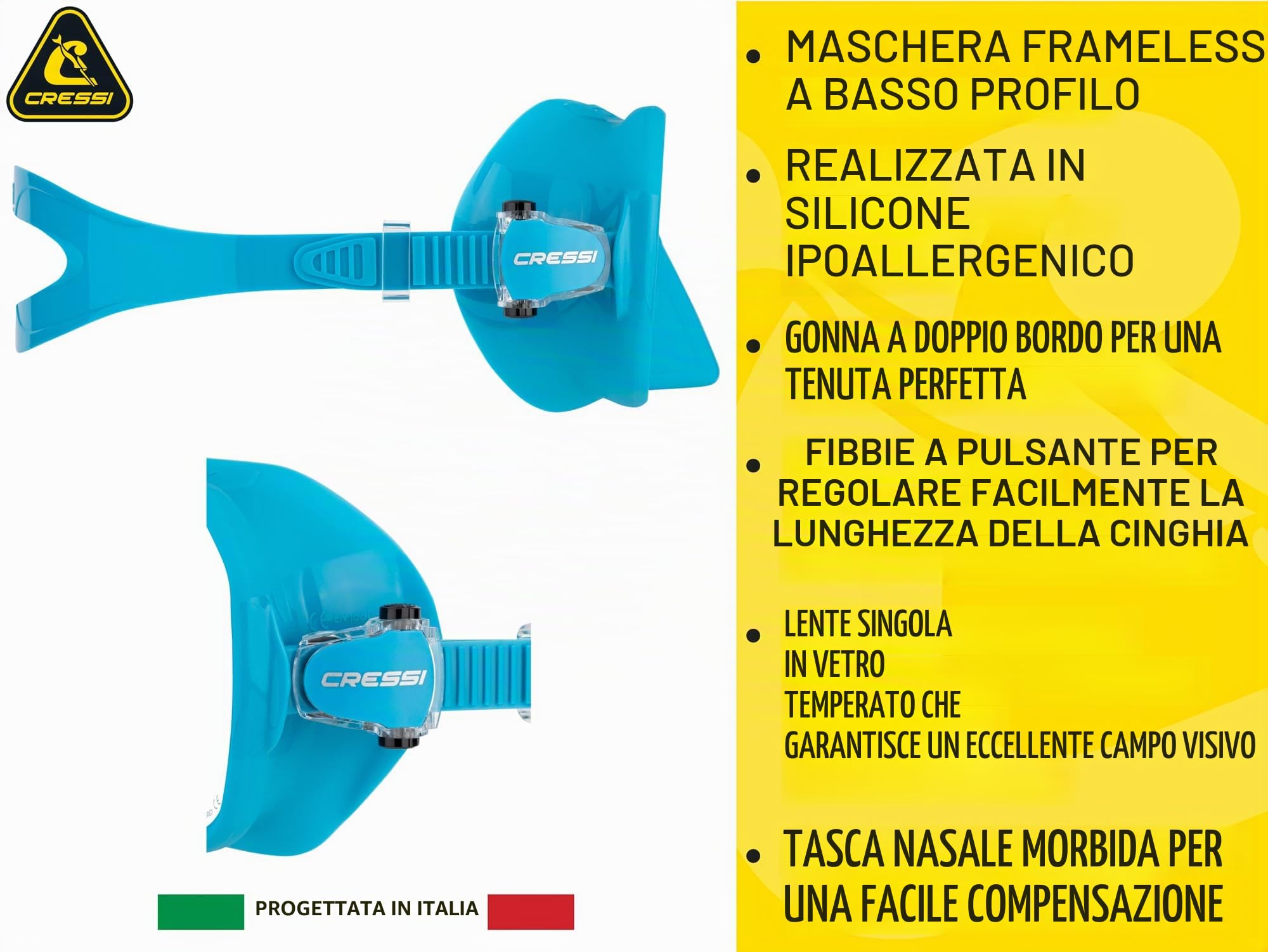 Cressi Maschera subacquea senza cornice per adulti, lente mono, volume interno basso, puro silicone morbido, ZS2: progettata in Italia da Cressi