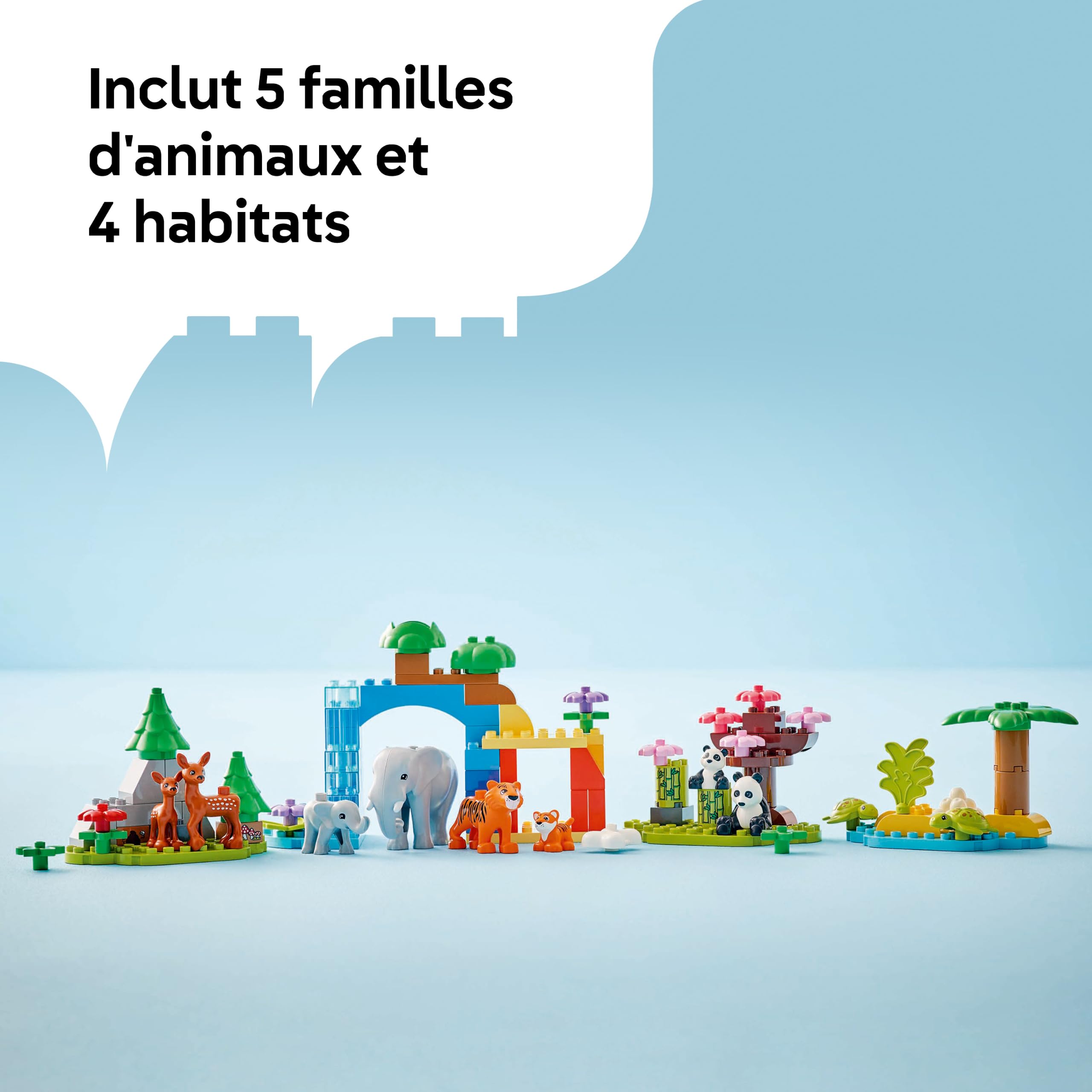 LEGO Duplo Familles d’Animaux Sauvages 3-en-1 - Jouet Éducatif pour Enfants dès 2 Ans - Figurines de Tortue, Tigre, Éléphant, Daim & Panda avec Habitats Constructibles - Cadeau Fille ou Garçon 10446