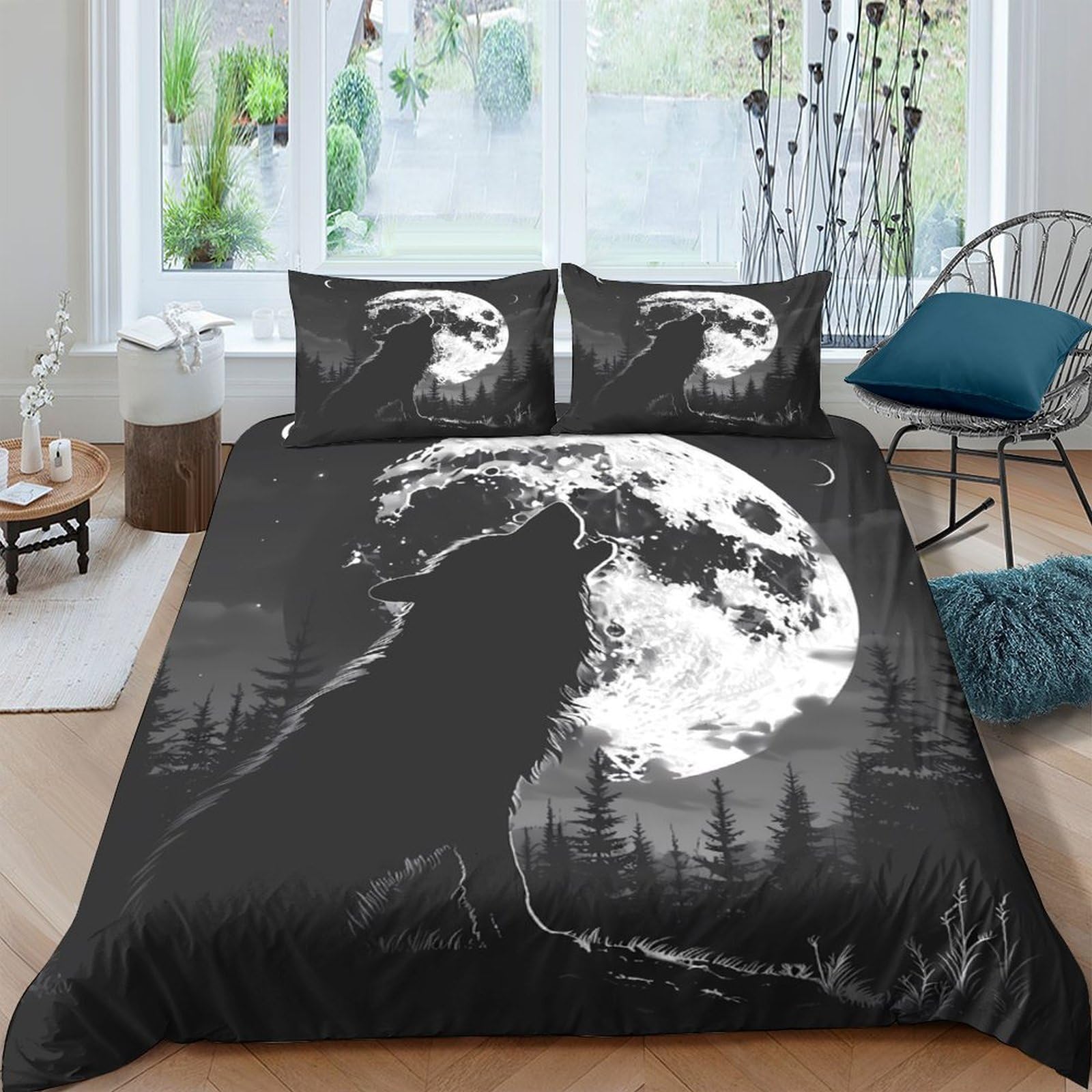 Ctjqhvkz Style-2 3D Printed Wolf Moon Fitted Sheet Microfiber Soft Black Forest Mattress Cover For Bedroom Guest Room Decor Single（135X200cm）