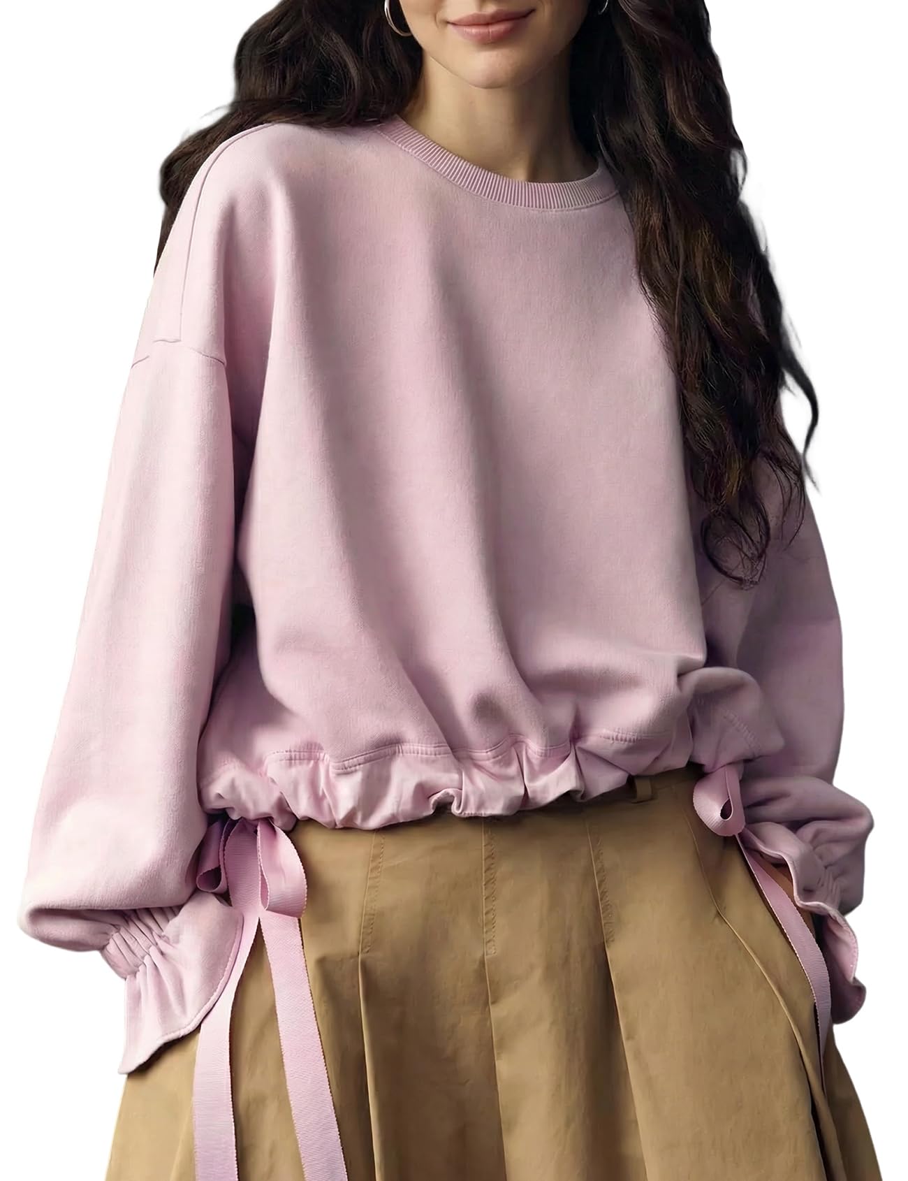 Womens Crewneck Sweatshirt Oversized Long Sleeve Fleece Lined Sweatshirts with Drawstring Ruffle Hem-image-26
