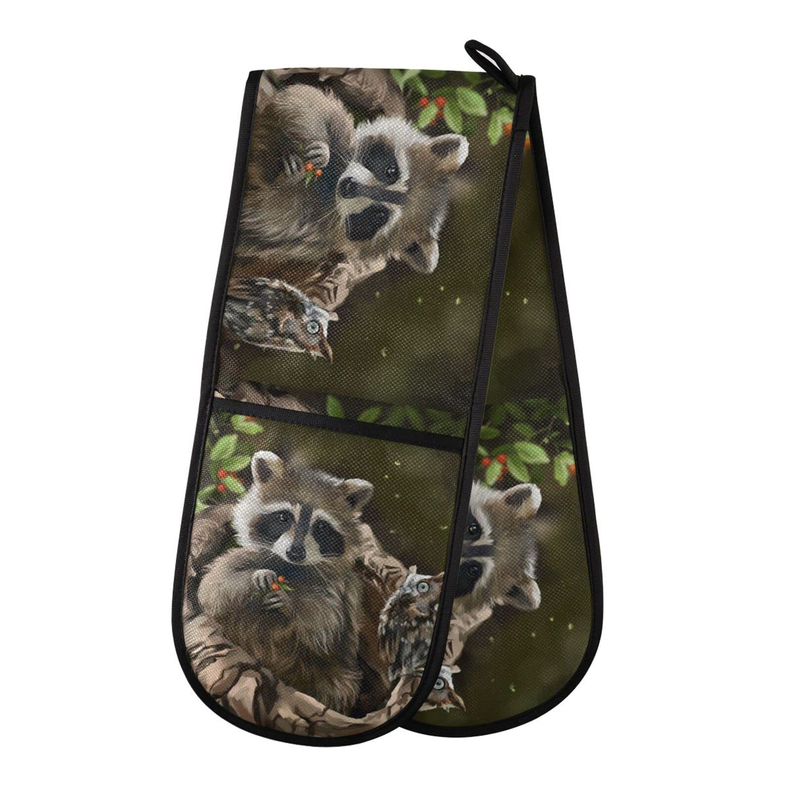 Double Oven Glove Cute Raccoon Panda Heat Resistant Double Ovens Mitt Modern Cooking Gloves Potholders
