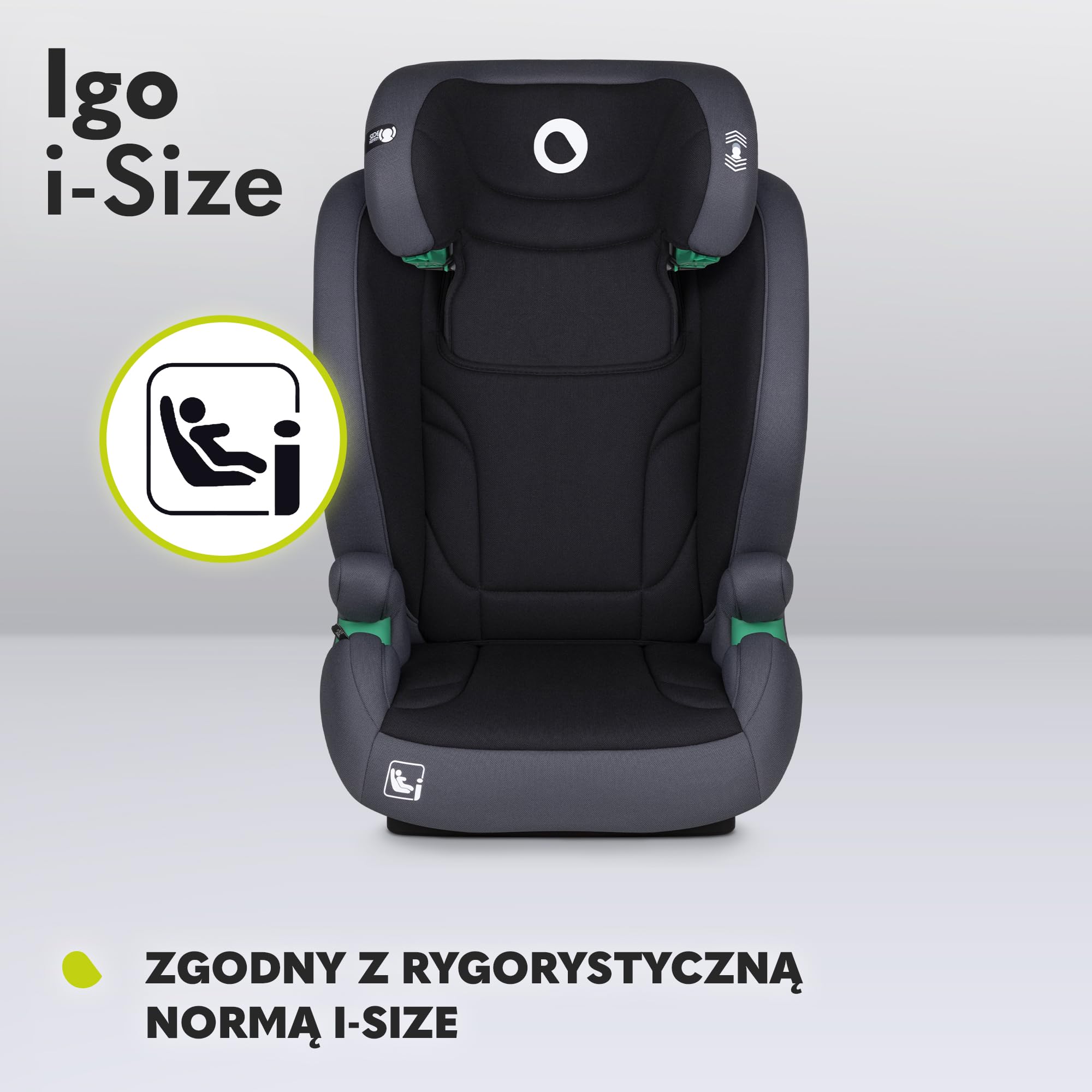 LIONELO IGO I-SIZE Fotelik Samochodowy Dziecięcy, Grupa 2 3, od 100-150 cm Montaż Przodem ISOFIX lub Pasy, Regulacja Oparcia i Zagłówka z Pianką Memory Foam Wypinane Oparcie (Grafitowy)