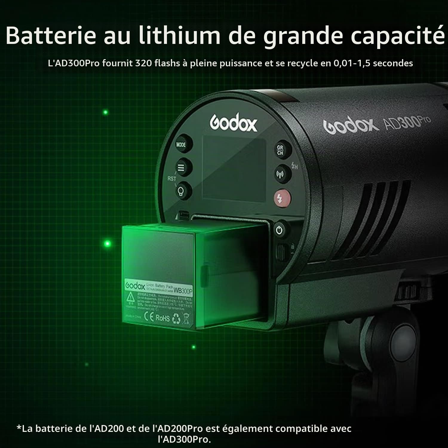Godox AD300 Pro Flash de Extérieure Puissant, 300Ws 1/8000s 2,4G TTL Flash Portable sans Fil X système avec Lampe à Modeling Bicolor 3000K-6000K, 2600mAh Batterie Support 320 Flashs Full Power