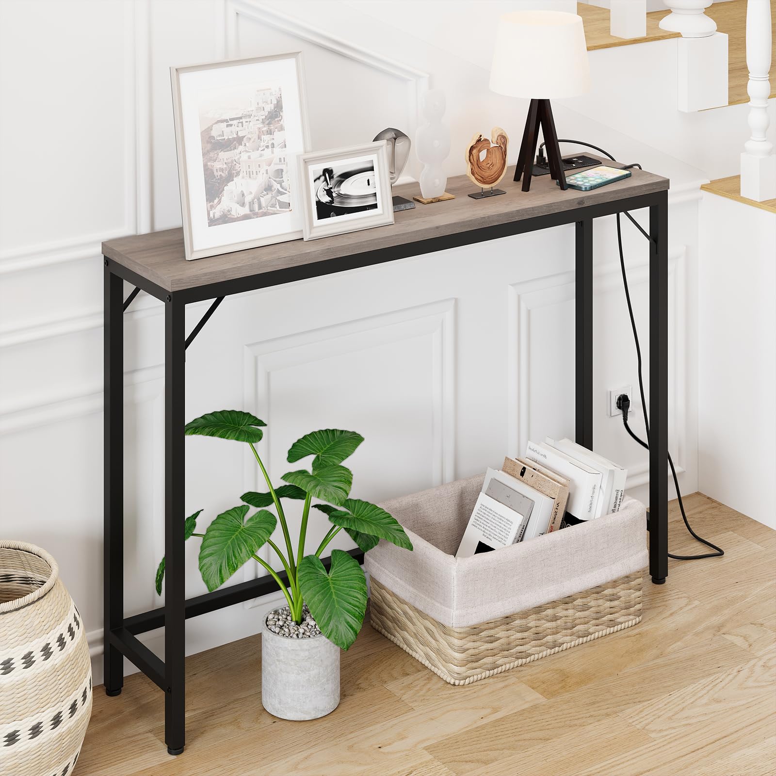 Litake Schmal Konsolentisch mit Steckdose und USB-Anschluss, 100 x 23 x 80 cm Beistelltisch Flurtisch Kleiner Ausstellungstisch Sofatisch Vintagebraun-schwarz ür Flur, Foyer, Wohnzimmer, Vintage Grau