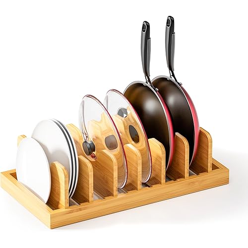 Bamboo Pot Lid Organizer Pot Lid Holder, Pot and Pan Organizer Drawer Organizer for Pot Lids, Pans, Cutting Boards & Baking Sheets, Dinner Plates, Reusable Containers in Cabinet Storage