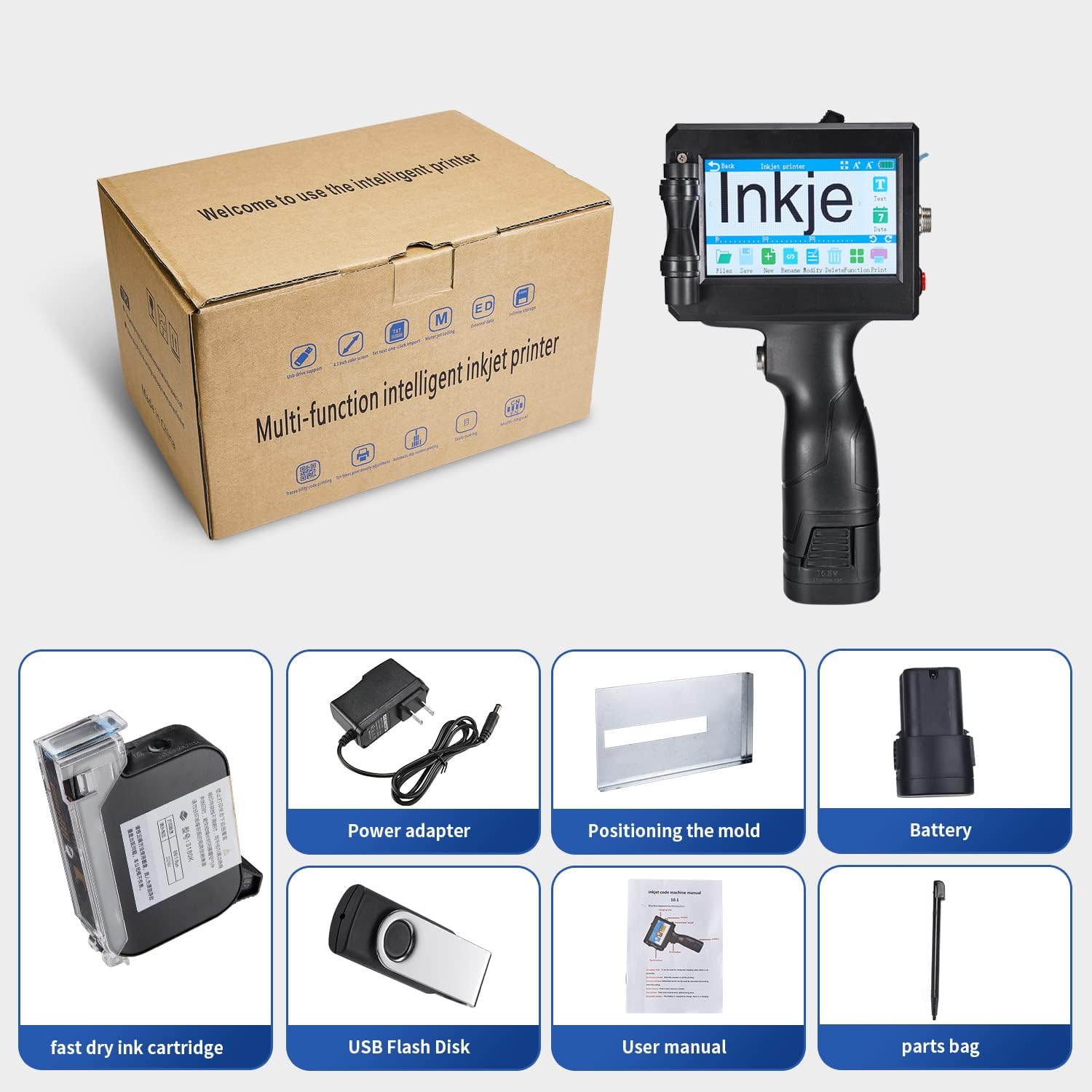 Inkjet Handheld Printer with 4.3 Inch HD LED Touch Screen Portable Labeler for QR-Code Barcode Date Logo Batch Print on Card Bag Box Wood Glass Plastic with Black Ink Cartridge Pen ZHENFU-MEI ZF-M6