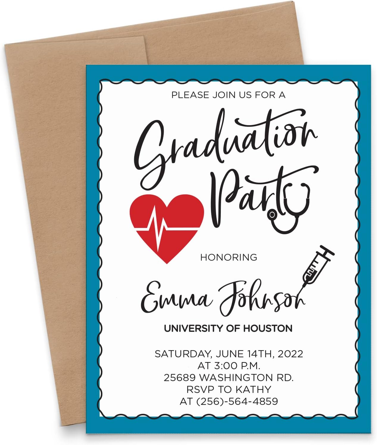 Medical Graduation Party Invitation with Envelopes, Personalized College Graduation Party Invitation, Nurse Commencement Party Invites, Your choice of Quantity and Envelope Color