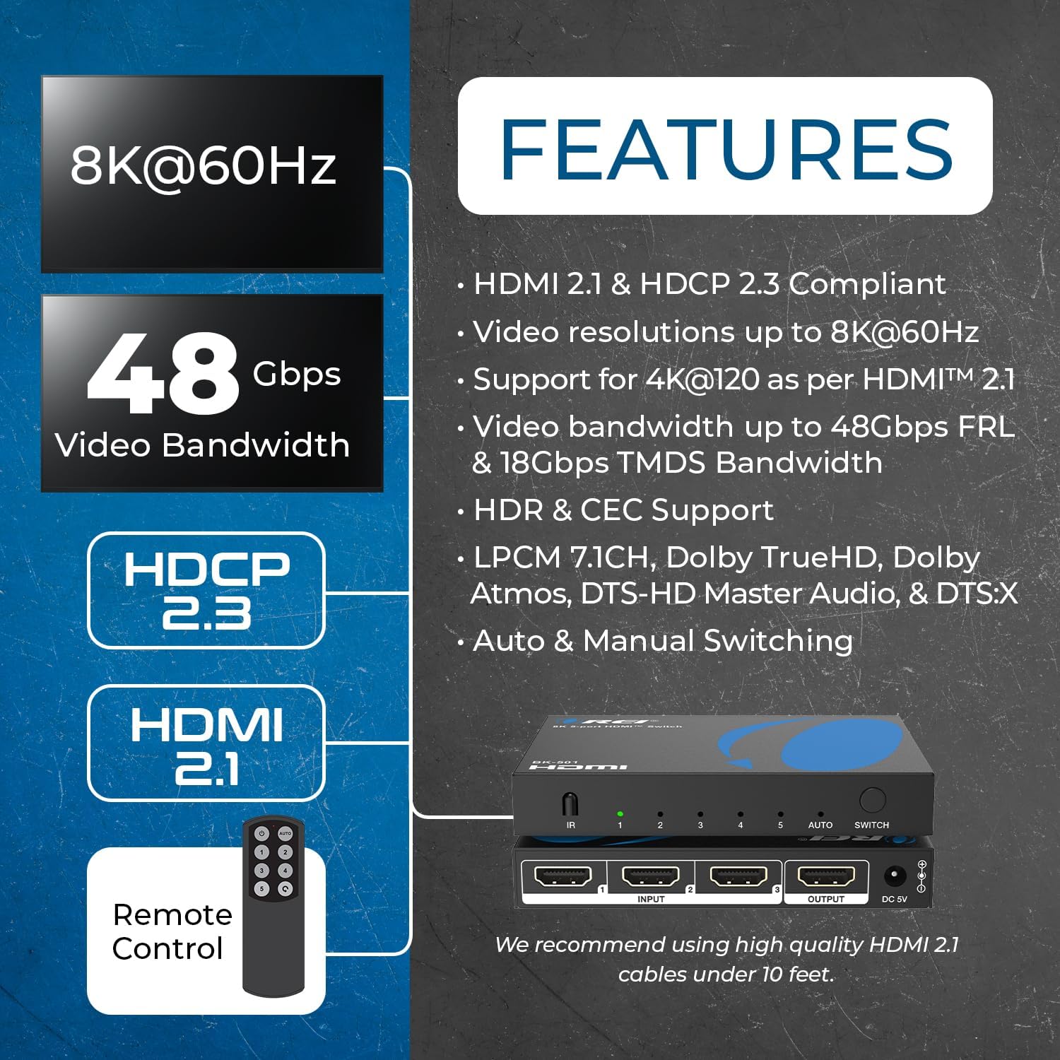 OREI 8K HDMI Switch 5 in 1 Out – HDMI Switch with Remote 8K@60Hz 4:2:0/4K@120Hz 4:4:4-48Gbps Switcher with HDR10+, VRR, ALLM & QFT, CEC - for PS5, Xbox, Roku, Fire TV