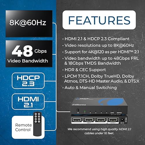 Miniatura 25 de OREI 8K 4x1 HDMI 2.1 Switch 4K @ 120hz Switcher 4 en 1 Salida, compatible con HDR, HDR10, Dolby Vision, HLG 48Gbps para Xbox Series X PS5 Roku Fire
