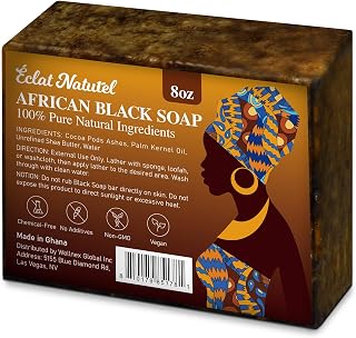African Black Soap, 100% Pure & Natural, For Face & Body Fight Acne, Eczema & Oily Skin, With Raw Shea Butter, Palm Kernel Oil & Cocoa Pod Ash, 8 Oz