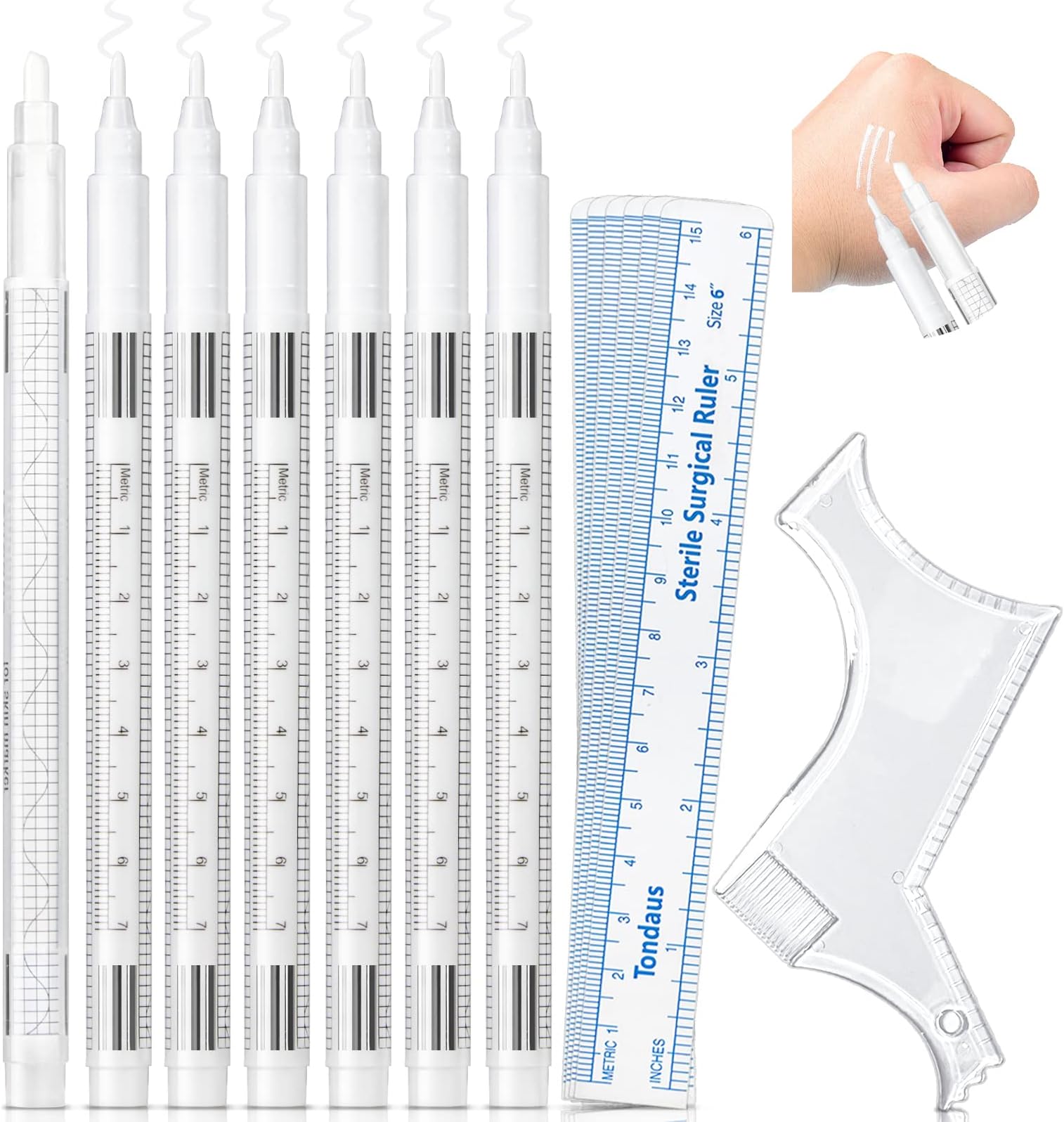 8 pieces Barber Pencil Set 6 Microblading Marker Pen with removal pen and Ruler Edge Hairline Razor Trace Beard Guide Hairline Outliner Pencils, Eyebrow Lip Skin Marking Pens for Men and Women(White)