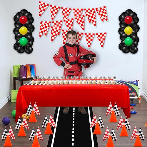 Miniatura 8 de Suministros para fiestas de autos de carreras, 12 conos de tráfico con agujeros en la parte superior, 24 banderas a cuadros, mantel de fiesta de