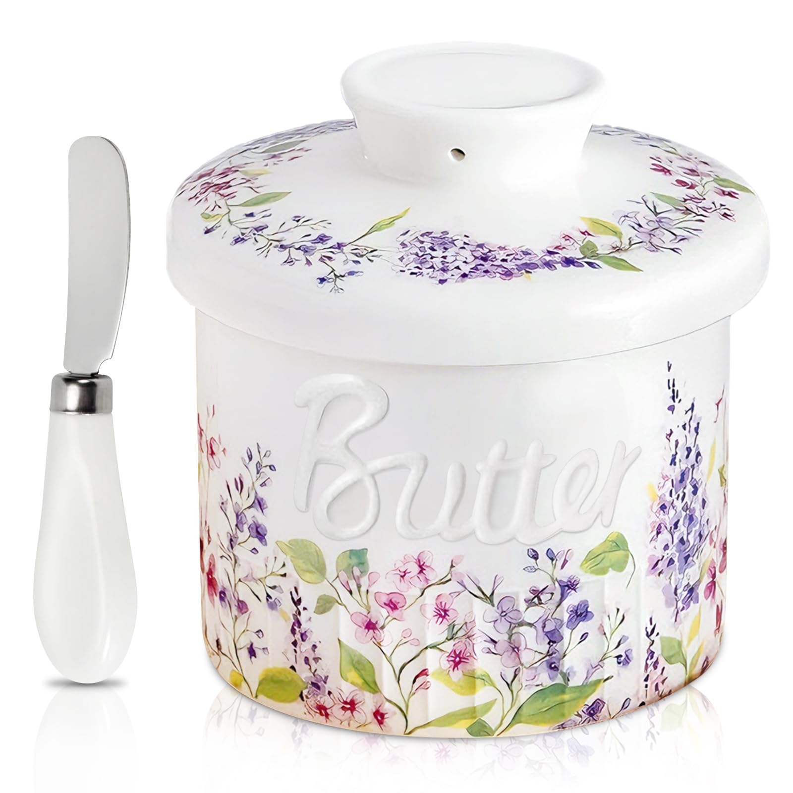 Butter Crock, French Butter Dish with Lid Ceramic, Butter Keeper with Knife, Lilac Floral Pattern, Spreadable Butter Container