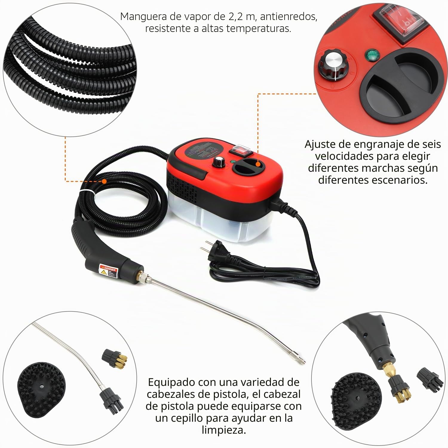 QWORK® Limpiador a vapor 2500w, limpiador de vapor de mano con cabezales de cepillo, para cocina, baño y garaje