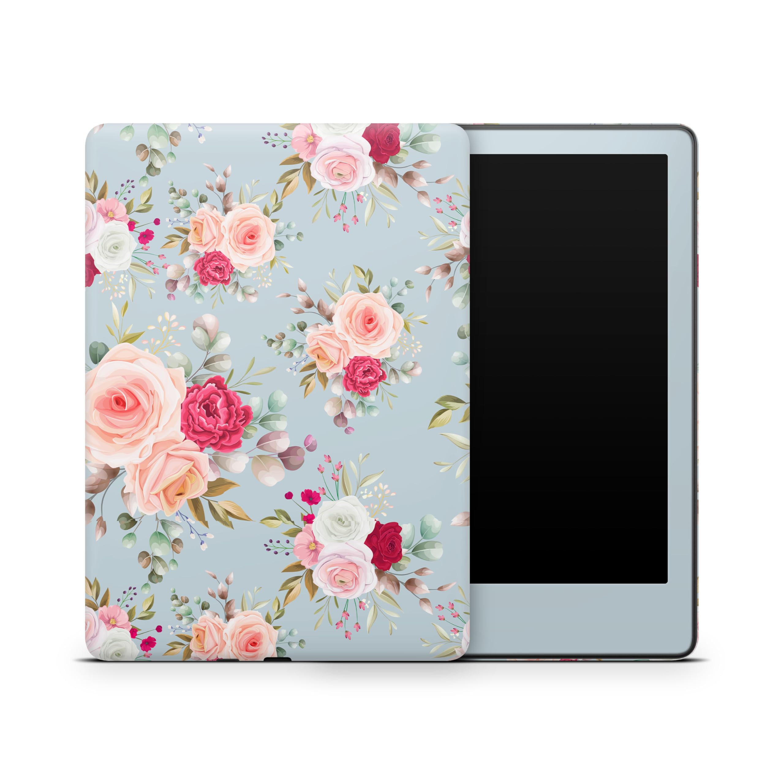 ZOOMHITSKINS Glitter Kindle Skin Compatible with Kindle Paperwhite Gen 12 (2024), Elegant Blue Rose Flower Floral Pastel Art Cute Vintage, Easy Bubble-Free 3M Vinyl Decal, Made in The USA