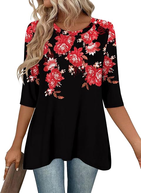 KISSMODA Womens 3/4 Long Sleeve Tunic Tops Round Neck Flowy Longline Blouse