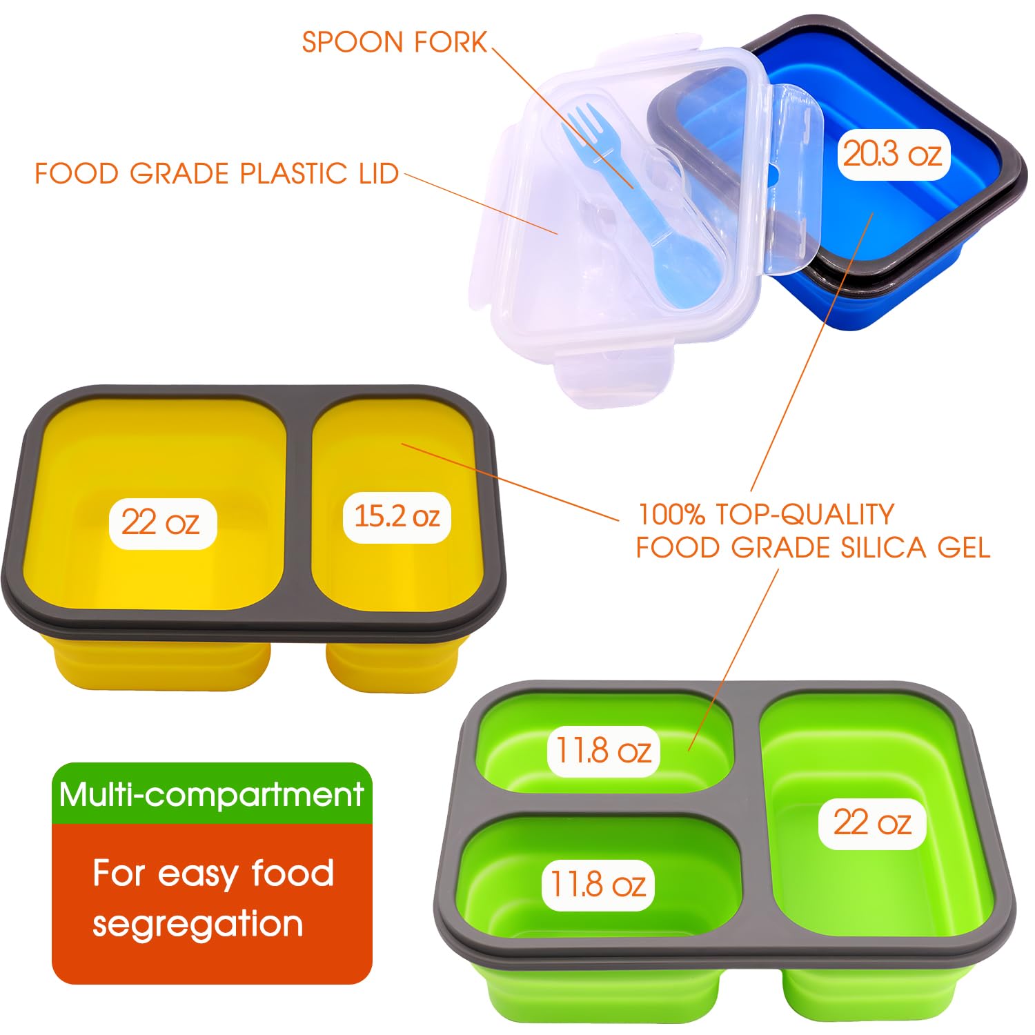 Lot de 3 boîtes à déjeuner pliables en silicone avec couvercles, compartiments, passent au micro-ondes, lave-vaisselle et congélateur, sans BPA (assortiment de 3 pièces)