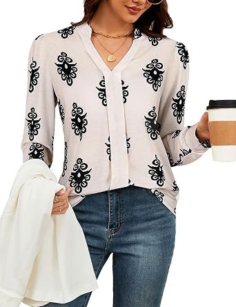 Viracy Womens Long Sleeve Shirts Fall Tops Dressy Casual V Neck Pleated Shirts Business Basic Trendy Clothes 2024