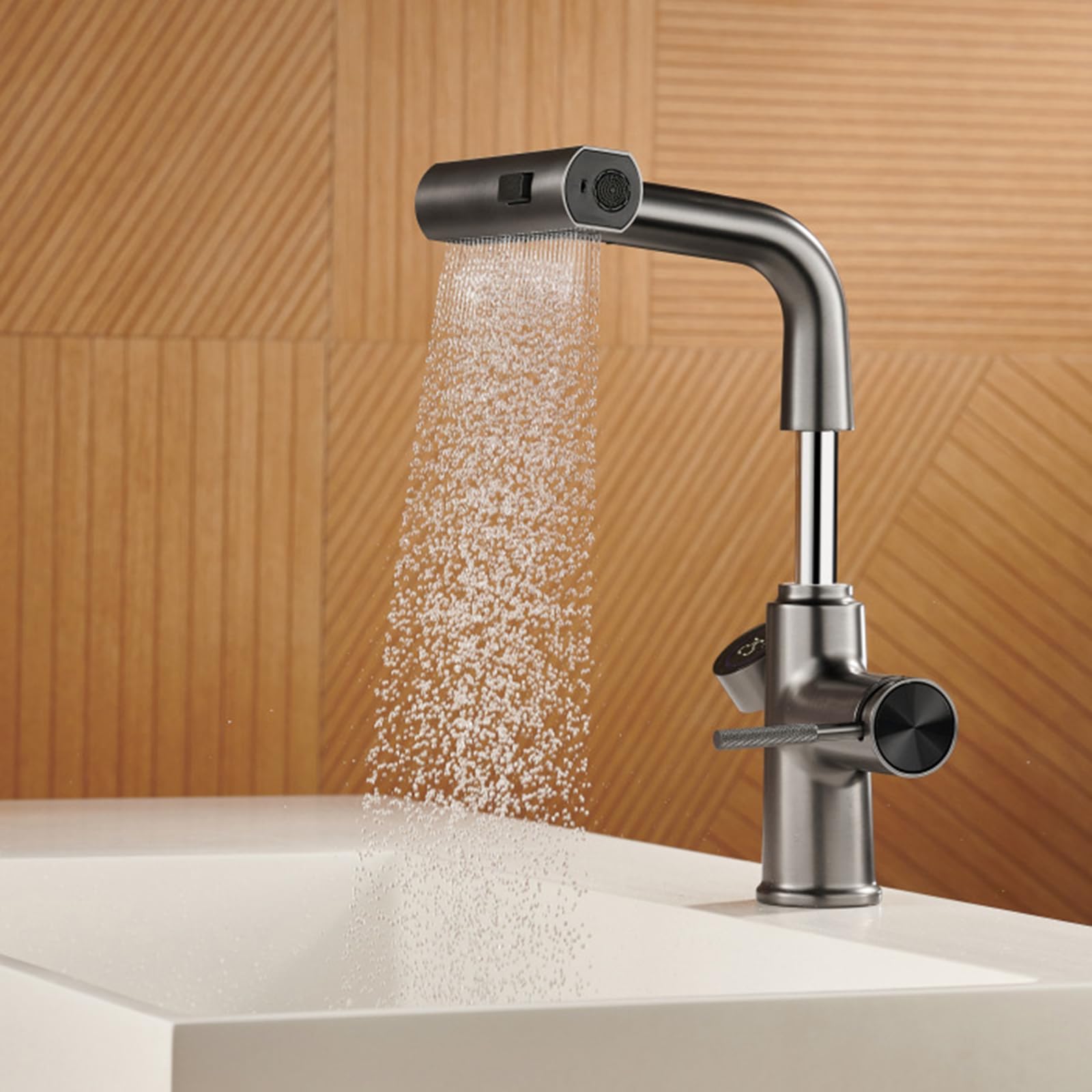 Generico Rubinetto da Bagno Miscelatore da Cucina con Doccetta Estraibile Cascata Miscelatore Monocomando per Lavabo con Display Digitale Girevole 360° Grigio Canna di Fucile