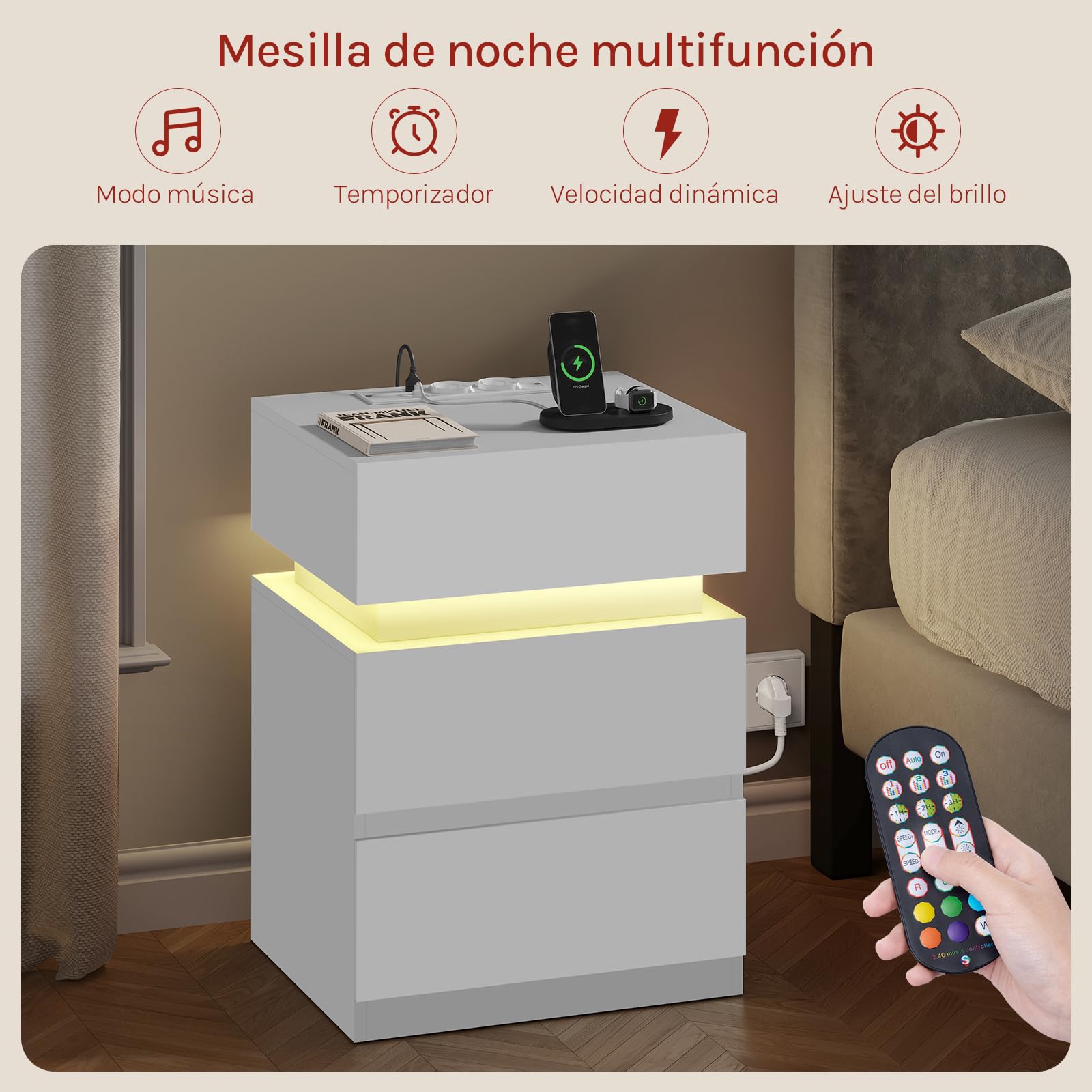 WOLTU Mesita Noche con Estación Carga, Mesa Auxiliar con Luz LED, 2 Cajones, 2 Puertos y 2 Enchufes, Mesilla para Dormitorio y Sofa, Blanco, NTS23ws