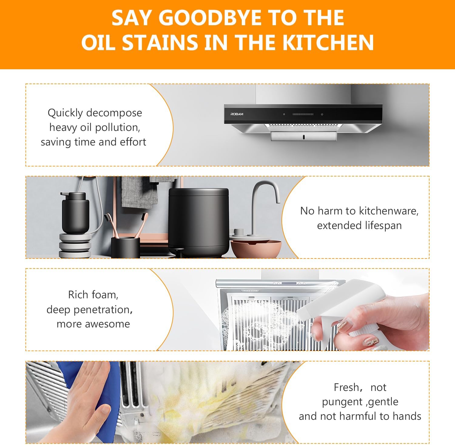 Before and after comparison of a dirty gas stove burner, a greasy range hood filter, and a stained kitchen wall, showing significant cleaning improvement.