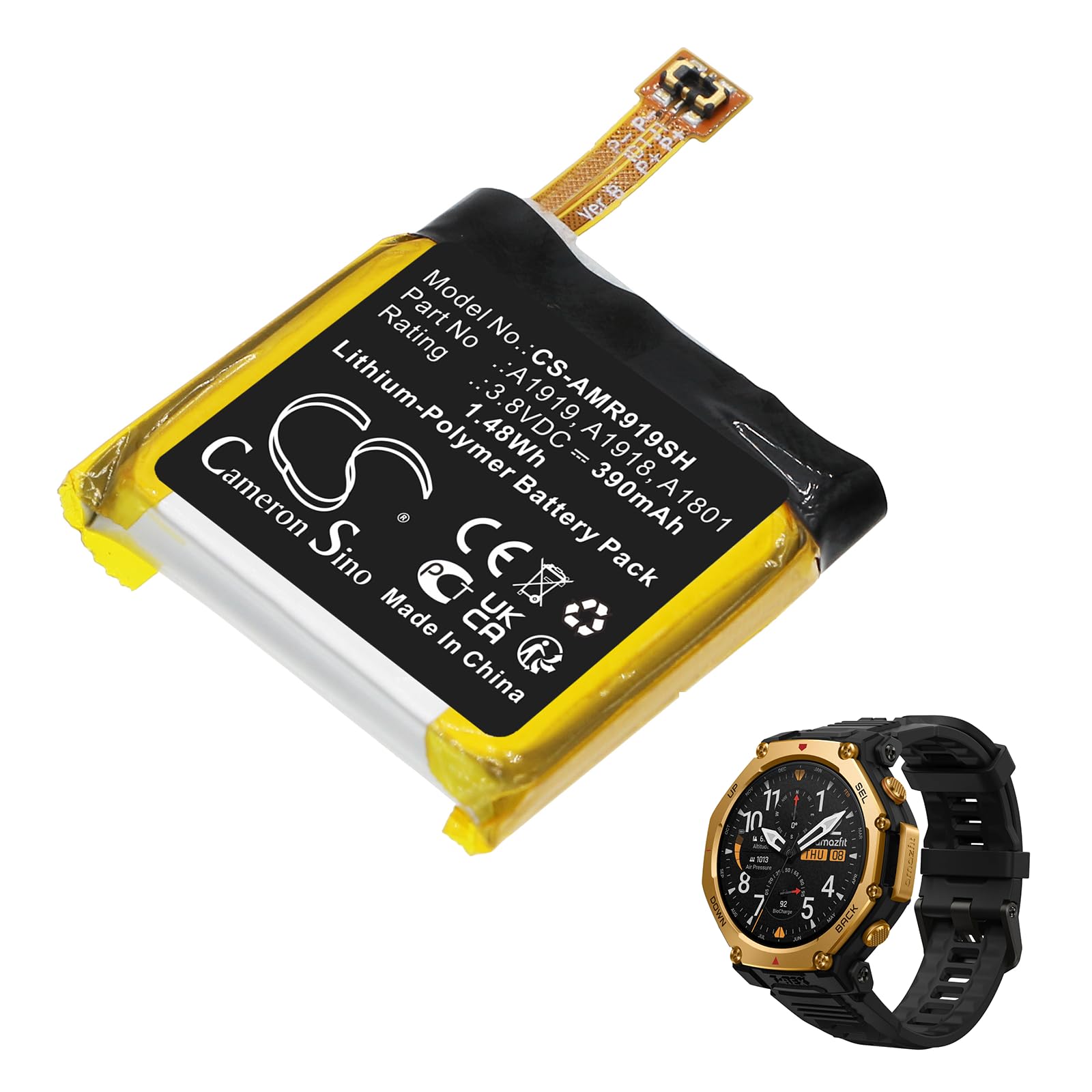 Cameron Sino 390mAh / 1.48Wh Replacement Battery for Amazfit T-Rex, A1919, A1918, A1801